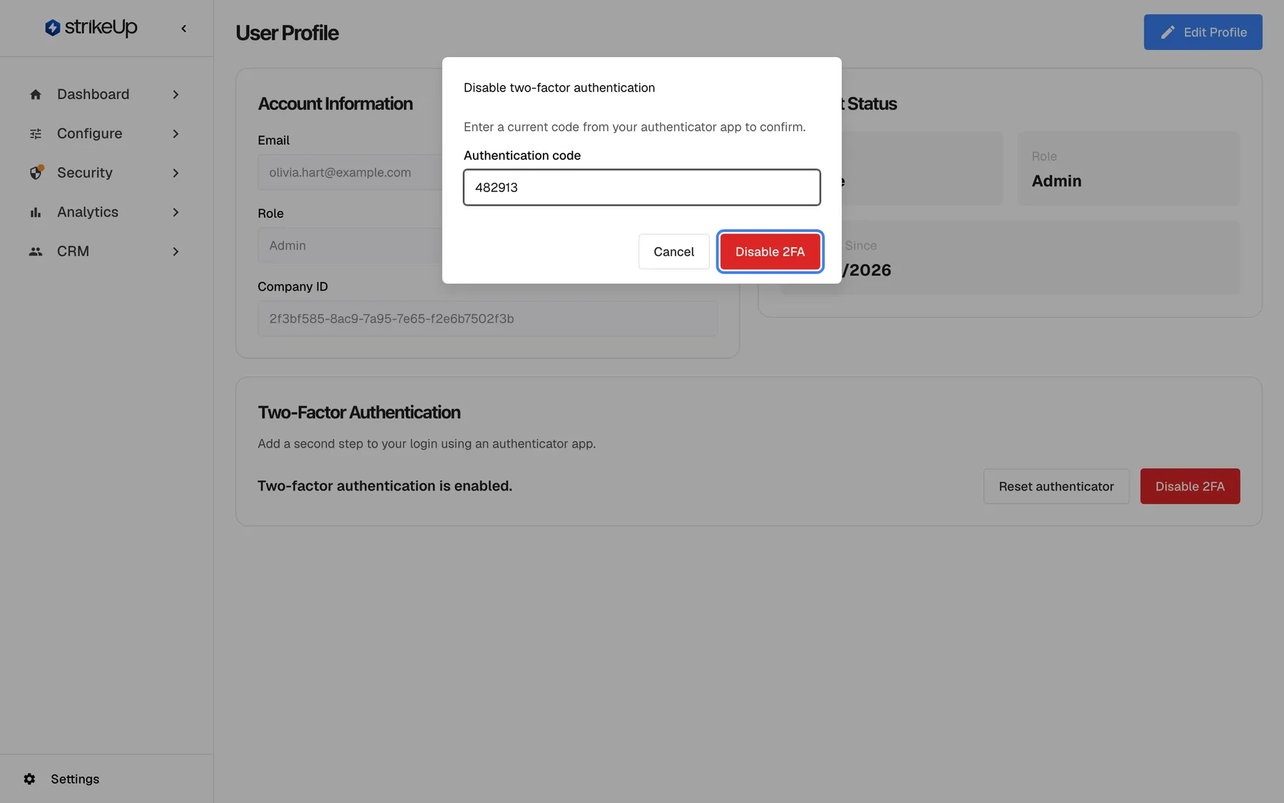 The dialog "Disable two-factor authentication" over the dimmed profile page. It asks "Enter a current code from your authenticator app to confirm." and the "Authentication code" field contains "482913". At the bottom right are "Cancel" and the highlighted red "Disable 2FA" button; selecting it checks the code and switches two-factor authentication off for your account, after which sign-in asks only for email and password. Without a valid current code the account stays protected.