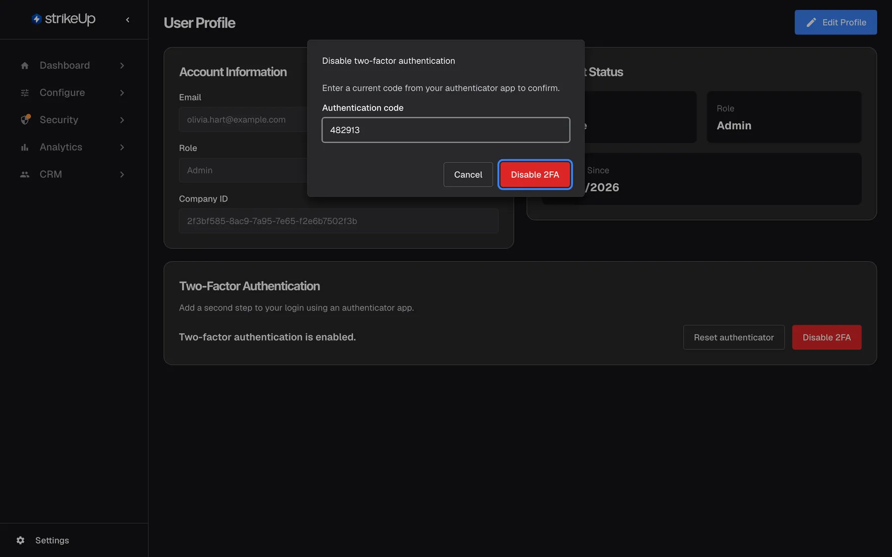 The dialog "Disable two-factor authentication" over the dimmed profile page. It asks "Enter a current code from your authenticator app to confirm." and the "Authentication code" field contains "482913". At the bottom right are "Cancel" and the highlighted red "Disable 2FA" button; selecting it checks the code and switches two-factor authentication off for your account, after which sign-in asks only for email and password. Without a valid current code the account stays protected.