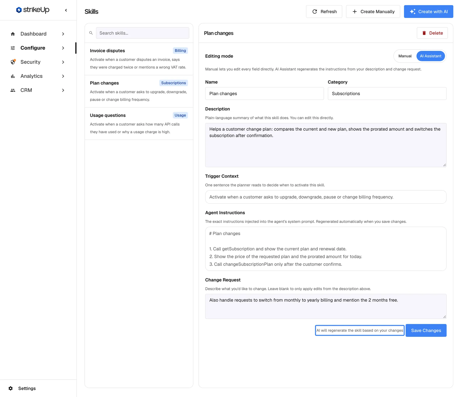 The Skills page with "Plan changes" open for editing. The "Editing mode" switch offers "Manual" and "AI Assistant"; AI Assistant is selected, so Trigger Context and Agent Instructions are read-only. The "Change Request" box says "Also handle requests to switch from monthly to yearly billing and mention the 2 months free." Below it the highlighted notice "AI will regenerate the skill based on your changes" warns that saving rewrites the trigger and instructions; the "Save Changes" button follows.