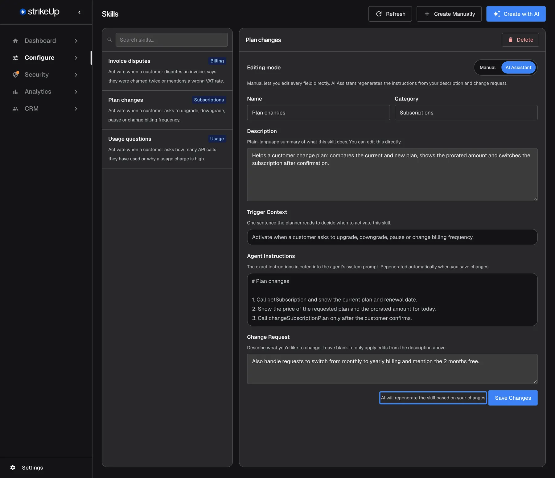 The Skills page with "Plan changes" open for editing. The "Editing mode" switch offers "Manual" and "AI Assistant"; AI Assistant is selected, so Trigger Context and Agent Instructions are read-only. The "Change Request" box says "Also handle requests to switch from monthly to yearly billing and mention the 2 months free." Below it the highlighted notice "AI will regenerate the skill based on your changes" warns that saving rewrites the trigger and instructions; the "Save Changes" button follows.