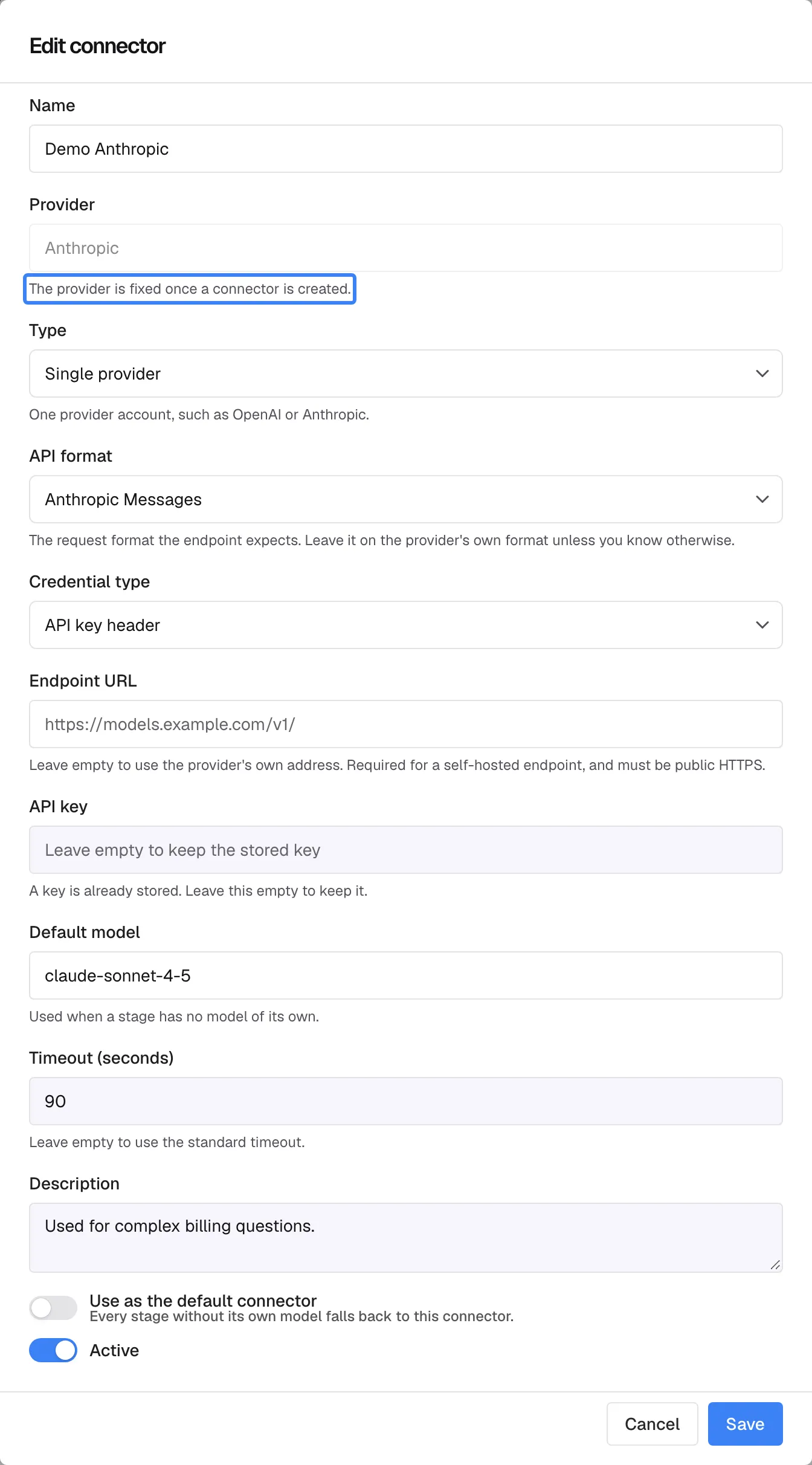 The "Edit connector" dialog for "Demo Anthropic". The Provider field shows "Anthropic" greyed out with the highlighted note "The provider is fixed once a connector is created." Below, API format "Anthropic Messages", Credential type "API key header", the API key field with "A key is already stored. Leave this empty to keep it.", Default model "claude-sonnet-4-5", Timeout (seconds) 90 and Description "Used for complex billing questions." Leaving the key empty when saving keeps the stored key.