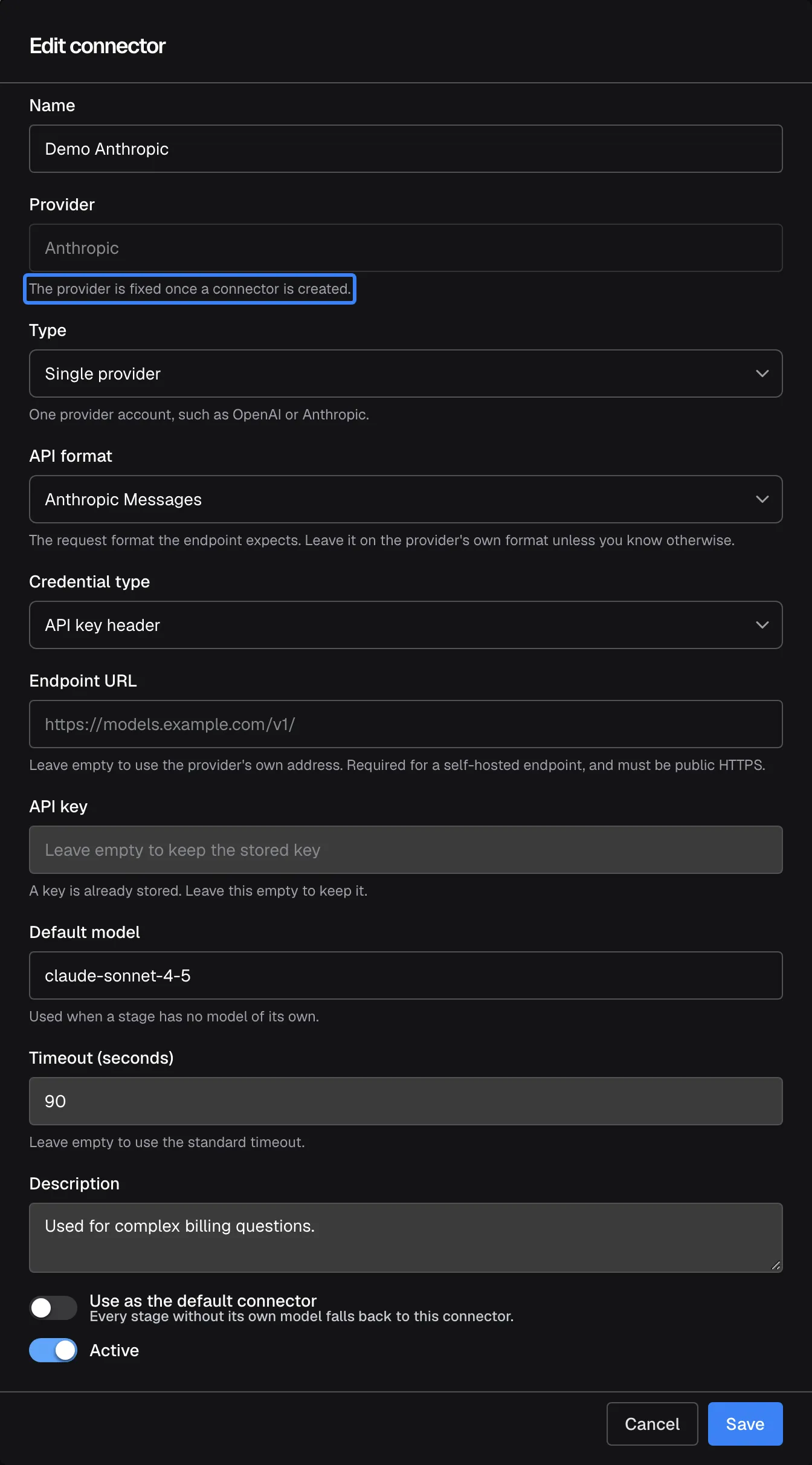 The "Edit connector" dialog for "Demo Anthropic". The Provider field shows "Anthropic" greyed out with the highlighted note "The provider is fixed once a connector is created." Below, API format "Anthropic Messages", Credential type "API key header", the API key field with "A key is already stored. Leave this empty to keep it.", Default model "claude-sonnet-4-5", Timeout (seconds) 90 and Description "Used for complex billing questions." Leaving the key empty when saving keeps the stored key.