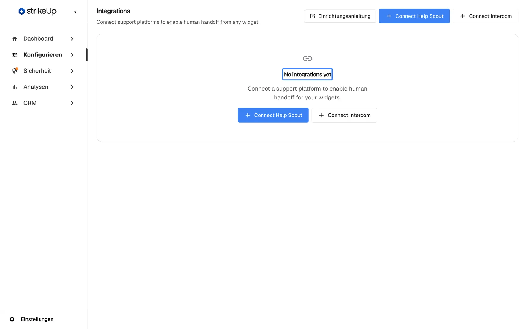 Die Seite Integrationen (nur auf Englisch), bevor eine Helpdesk-Anwendung verbunden ist. In der Mitte steht die hervorgehobene Meldung „No integrations yet“, gefolgt von „Connect a support platform to enable human handoff for your widgets.“ Die blaue Schaltfläche „Connect Help Scout“ und „Connect Intercom“ stehen unter der Meldung und in der Kopfzeile. Solange keine Verbindung besteht, warnen die Übergabe-Einstellungen auf der Seite KI & UX, dass keine Support-Integration verbunden ist.