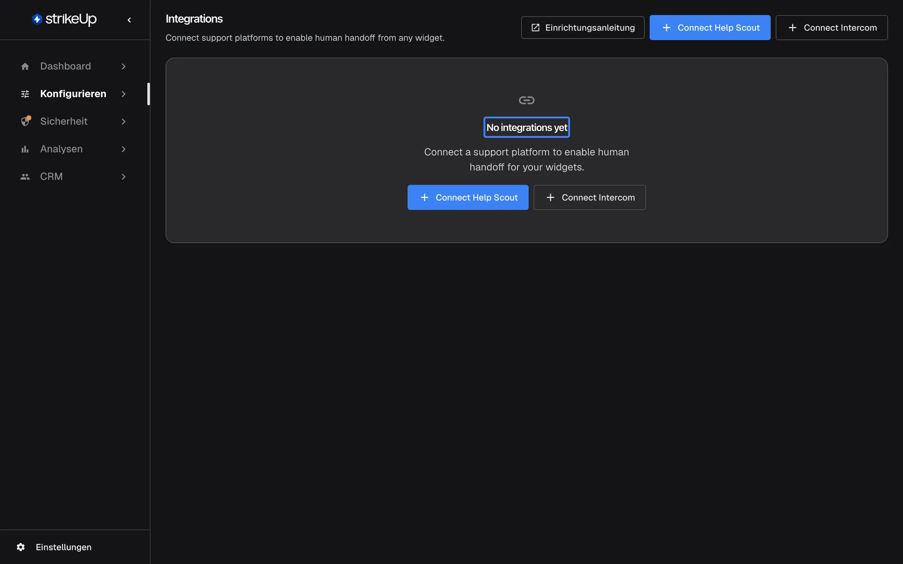Die Seite Integrationen (nur auf Englisch), bevor eine Helpdesk-Anwendung verbunden ist. In der Mitte steht die hervorgehobene Meldung „No integrations yet“, gefolgt von „Connect a support platform to enable human handoff for your widgets.“ Die blaue Schaltfläche „Connect Help Scout“ und „Connect Intercom“ stehen unter der Meldung und in der Kopfzeile. Solange keine Verbindung besteht, warnen die Übergabe-Einstellungen auf der Seite KI & UX, dass keine Support-Integration verbunden ist.