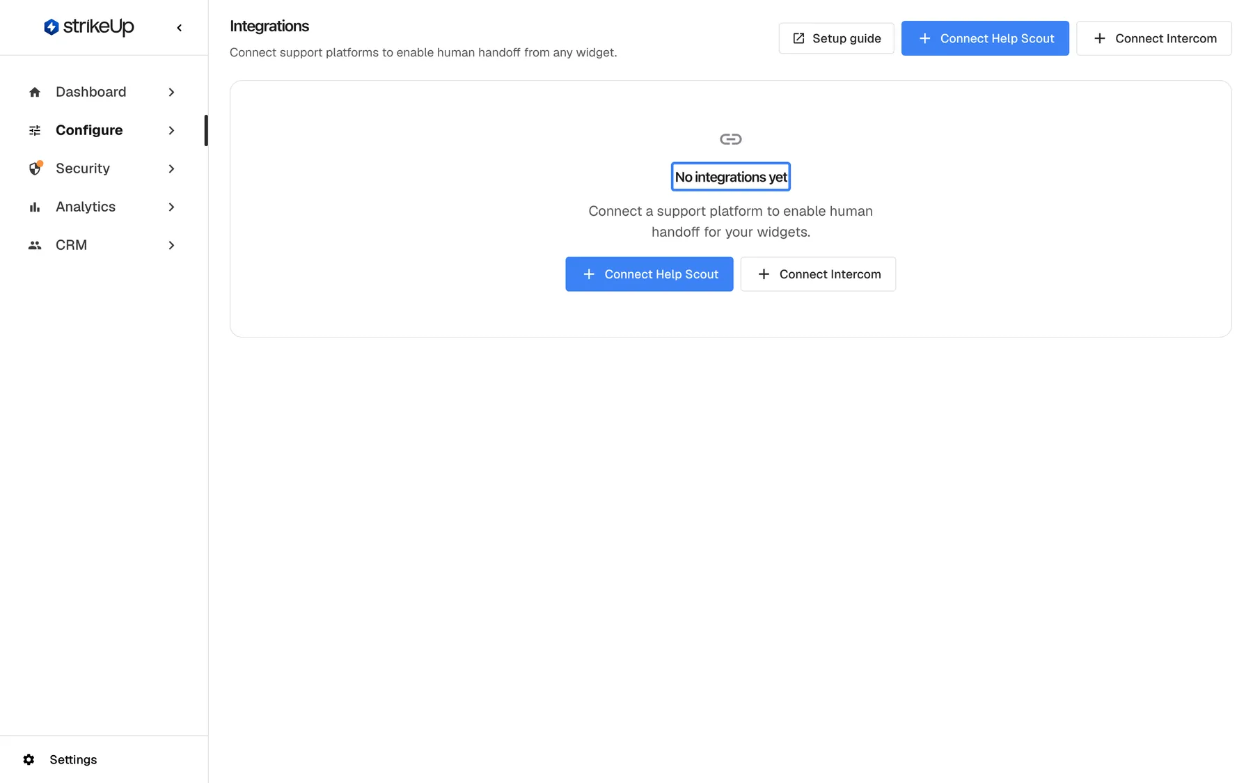 The Integrations page before any helpdesk is connected. In the middle the highlighted message "No integrations yet" is followed by "Connect a support platform to enable human handoff for your widgets." The blue "Connect Help Scout" button and "Connect Intercom" appear both below the message and in the header. Until a connection exists, the Human Handoff settings on the AI & UX page warn that no support integration is connected.