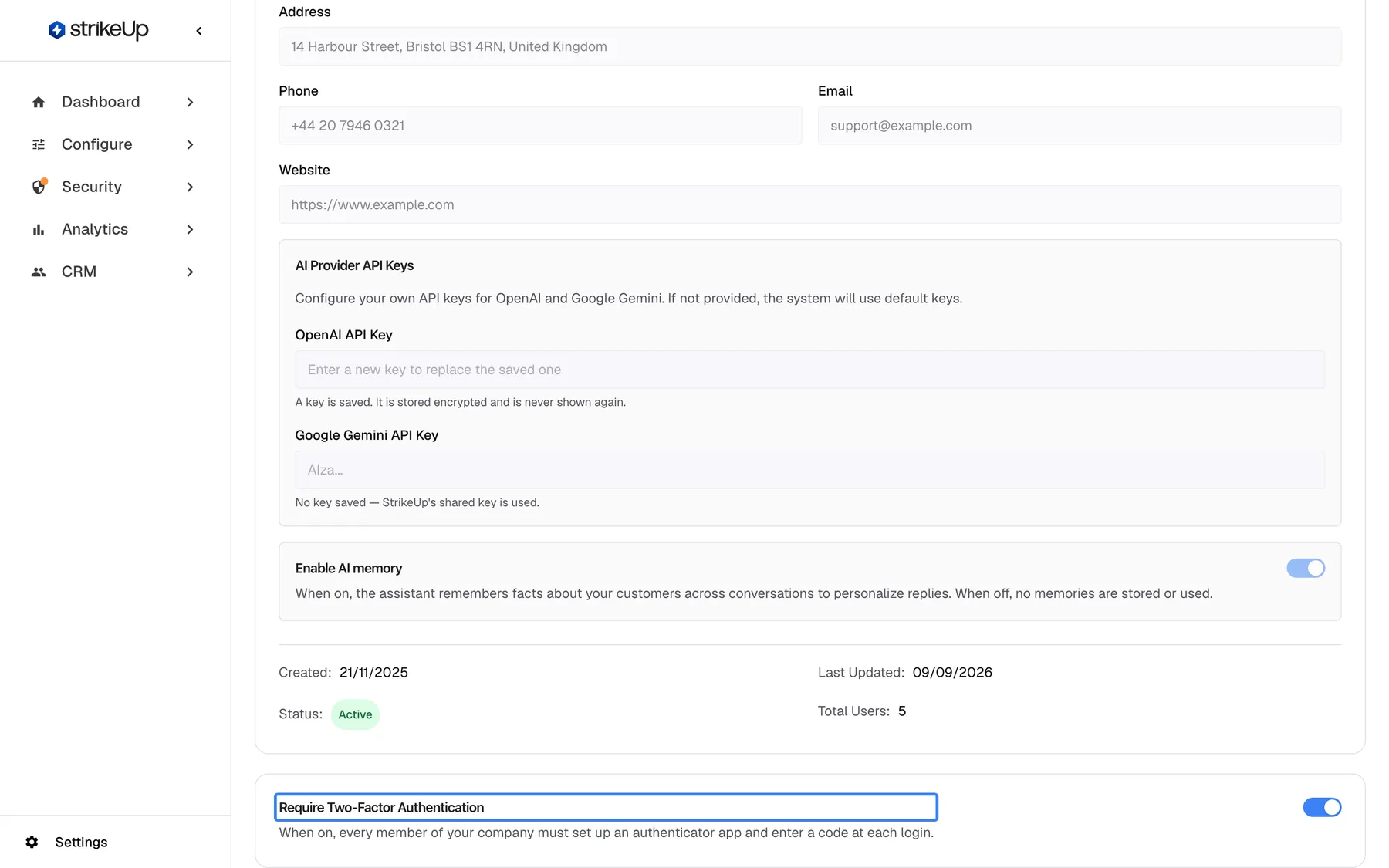 Step 5 on the Company Details page, scrolled to the bottom. The last card is headed by the highlighted "Require Two-Factor Authentication", with the description "When on, every member of your company must set up an authenticator app and enter a code at each login." Its switch on the right is turned on. Above it are the end of the company form, including the AI memory setting. Only administrators can change this switch.