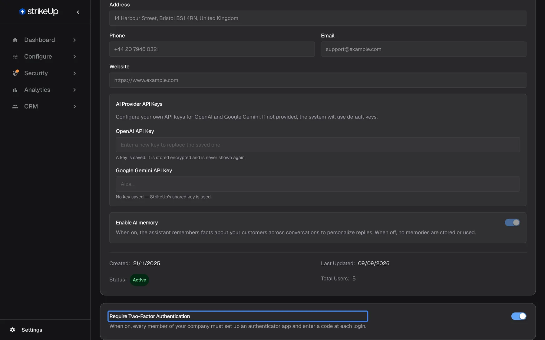 Step 5 on the Company Details page, scrolled to the bottom. The last card is headed by the highlighted "Require Two-Factor Authentication", with the description "When on, every member of your company must set up an authenticator app and enter a code at each login." Its switch on the right is turned on. Above it are the end of the company form, including the AI memory setting. Only administrators can change this switch.