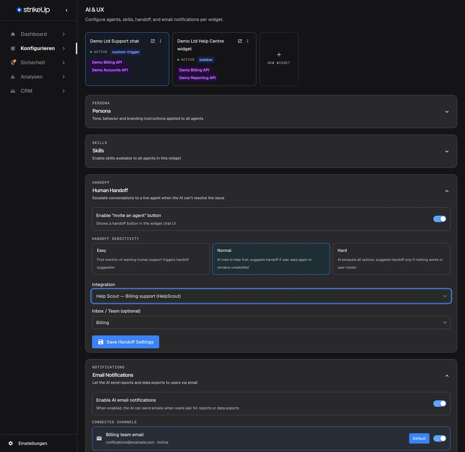 Der untere Teil des Abschnitts „Human Handoff“ auf der Seite KI & UX (auf Englisch). Die hervorgehobene Auswahl „Integration“ steht auf „Help Scout — Billing support (HelpScout)“; sie bietet „— None —“ und jede verbundene Helpdesk-Anwendung mit ihrem Typ. Darunter steht „Inbox / Team (optional)“ auf „Billing“, gefolgt von der Schaltfläche „Save Handoff Settings“. Ein Wechsel der Integration leert das Postfach und lädt die Postfächer oder Teams der neuen Integration.