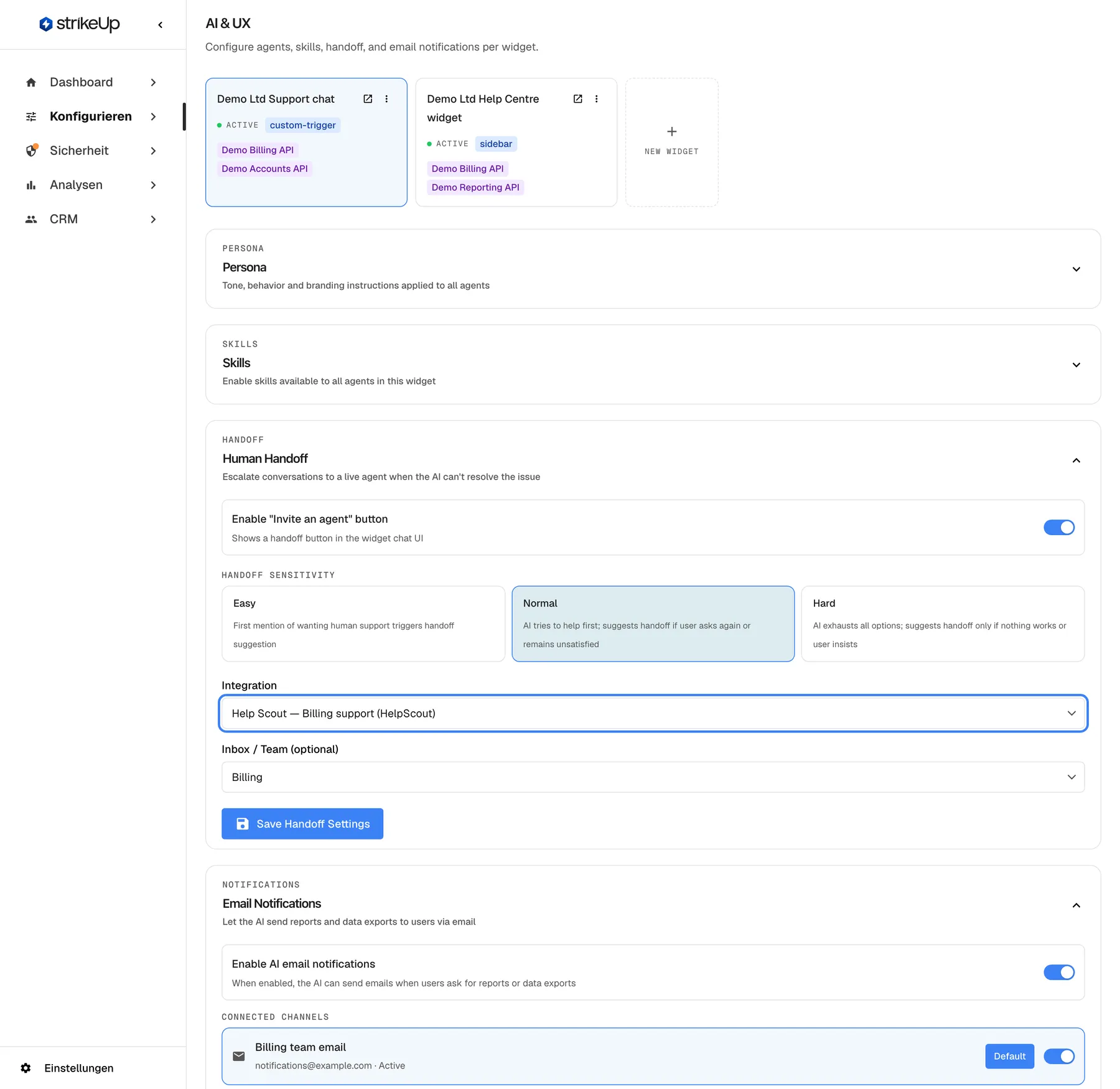 Der untere Teil des Abschnitts „Human Handoff“ auf der Seite KI & UX (auf Englisch). Die hervorgehobene Auswahl „Integration“ steht auf „Help Scout — Billing support (HelpScout)“; sie bietet „— None —“ und jede verbundene Helpdesk-Anwendung mit ihrem Typ. Darunter steht „Inbox / Team (optional)“ auf „Billing“, gefolgt von der Schaltfläche „Save Handoff Settings“. Ein Wechsel der Integration leert das Postfach und lädt die Postfächer oder Teams der neuen Integration.