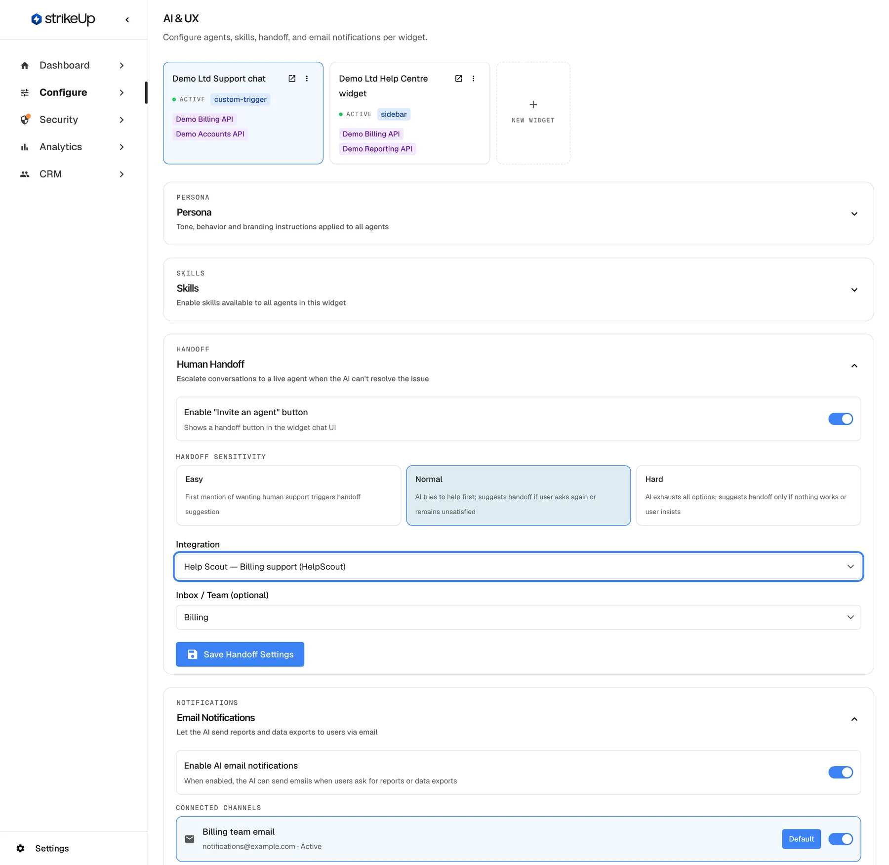 The lower part of the Human Handoff section on the AI & UX page. The highlighted "Integration" drop-down is set to "Help Scout — Billing support (HelpScout)"; it lists "— None —" and every connected helpdesk with its type. Below it, "Inbox / Team (optional)" is set to "Billing", followed by the "Save Handoff Settings" button. Changing the integration clears the inbox and loads the mailboxes or teams of the new one.
