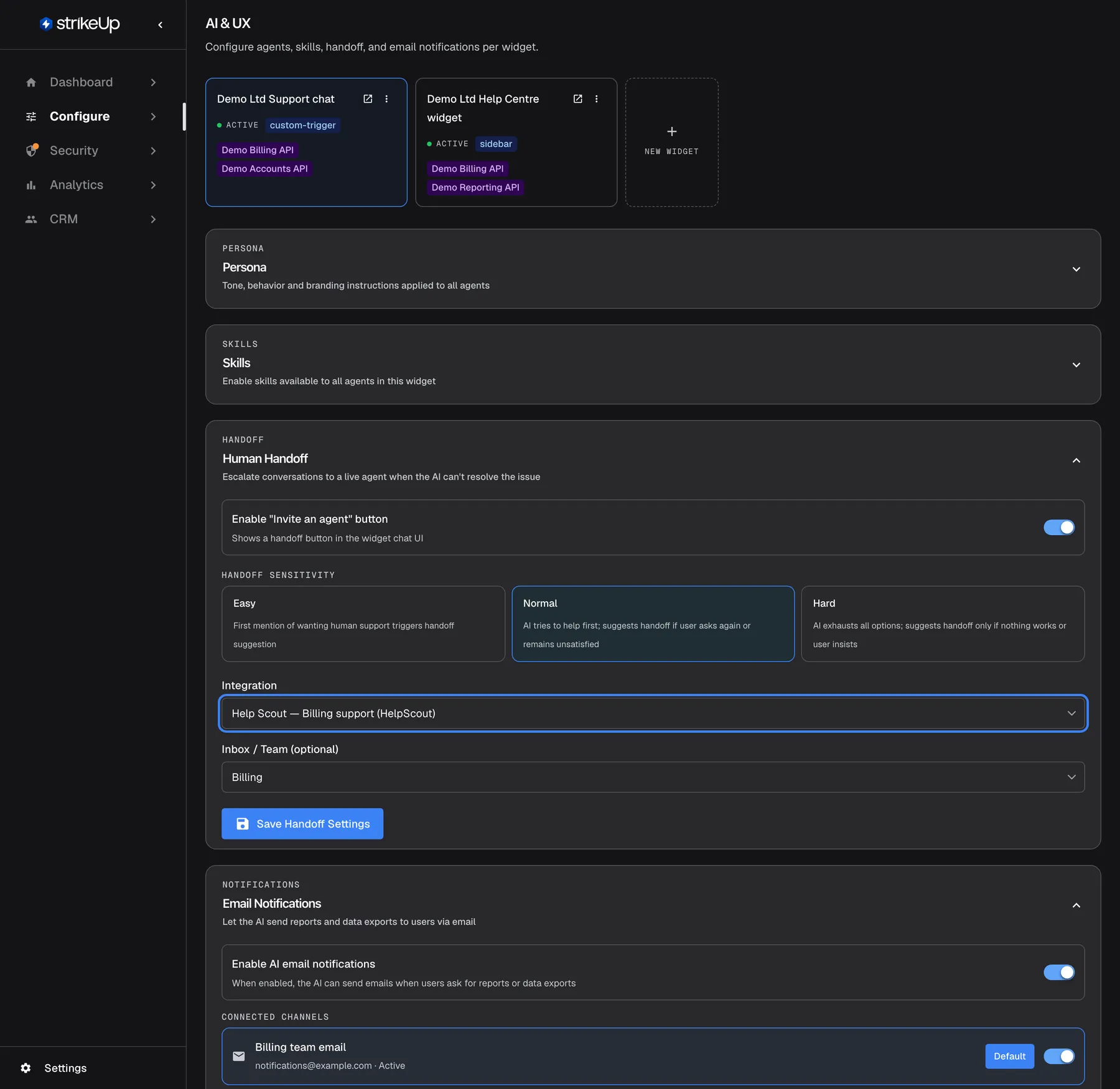 The lower part of the Human Handoff section on the AI & UX page. The highlighted "Integration" drop-down is set to "Help Scout — Billing support (HelpScout)"; it lists "— None —" and every connected helpdesk with its type. Below it, "Inbox / Team (optional)" is set to "Billing", followed by the "Save Handoff Settings" button. Changing the integration clears the inbox and loads the mailboxes or teams of the new one.