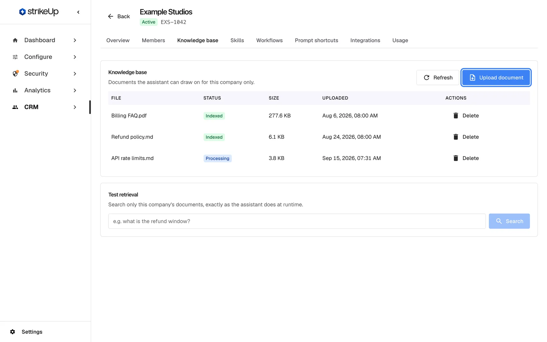 Step 5: the Knowledge base tab of "Example Studios". It lists "Billing FAQ.pdf" and "Refund policy.md" as Indexed and "API rate limits.md" as Processing, each with size, upload date and Delete. The "Upload document" button at the top right is highlighted. Below is the Test retrieval card for checking what the assistant finds in these documents.