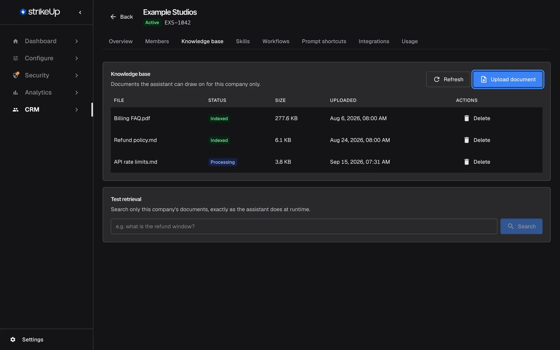 Step 5: the Knowledge base tab of "Example Studios". It lists "Billing FAQ.pdf" and "Refund policy.md" as Indexed and "API rate limits.md" as Processing, each with size, upload date and Delete. The "Upload document" button at the top right is highlighted. Below is the Test retrieval card for checking what the assistant finds in these documents.