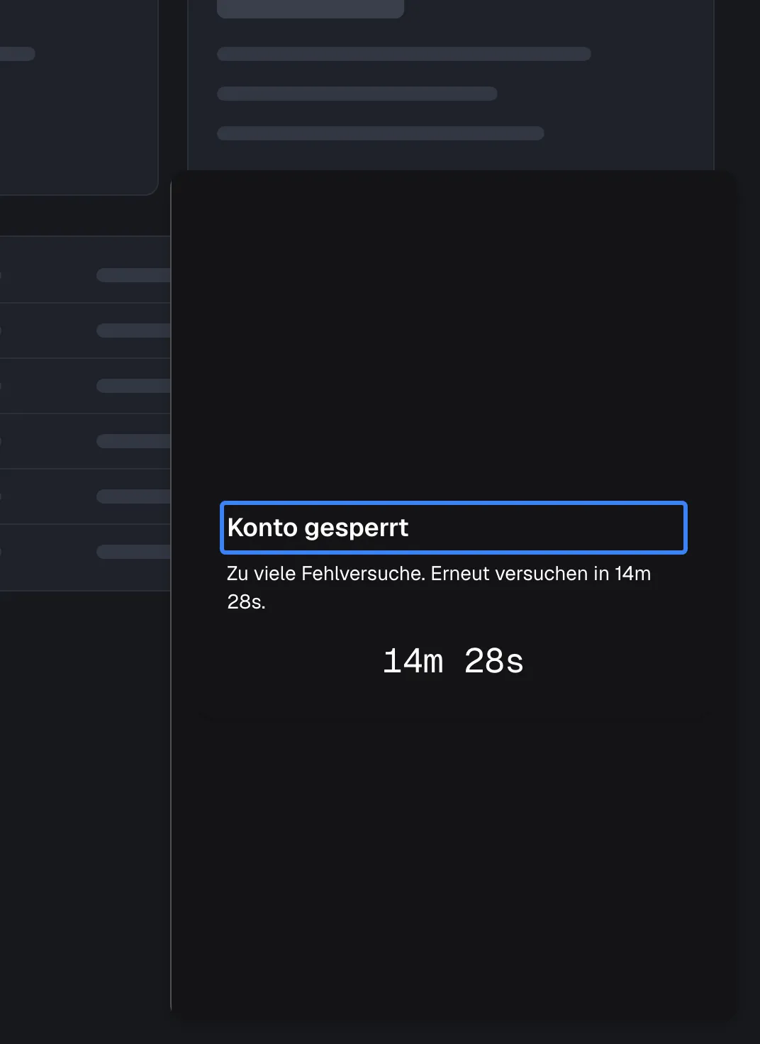 Das Popup-Fenster des Widgets nach zu vielen falschen PIN-Eingaben. Die hervorgehobene Überschrift der Karte lautet "Konto gesperrt", gefolgt von "Zu viele Fehlversuche. Erneut versuchen in" mit noch etwa 14½ Minuten und einem großen laufenden Countdown in Minuten und Sekunden. Es gibt kein Feld und keine Schaltfläche: Der Besucher kann nur warten. Läuft der Countdown ab, prüft das Widget erneut und zeigt wieder die PIN-Eingabe. Jede weitere Sperre dauert länger, von 1 Minute bis zu 6 Stunden.