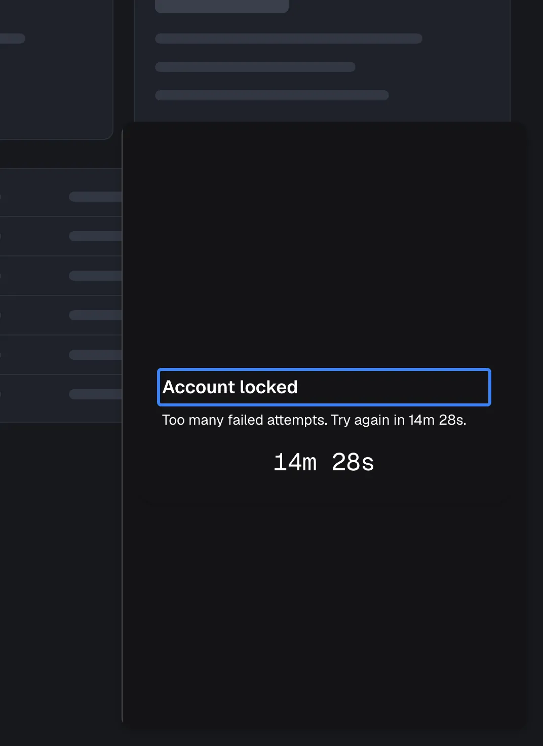 The widget's popup window after too many wrong PIN entries. The card's highlighted heading reads "Account locked", followed by "Too many failed attempts. Try again in" with about 14½ minutes left, and a large live countdown in minutes and seconds. There is no field and no button: the visitor can only wait. When the countdown ends the widget checks again and shows the PIN screen. Each further lockout lasts longer, from 1 minute up to 6 hours.