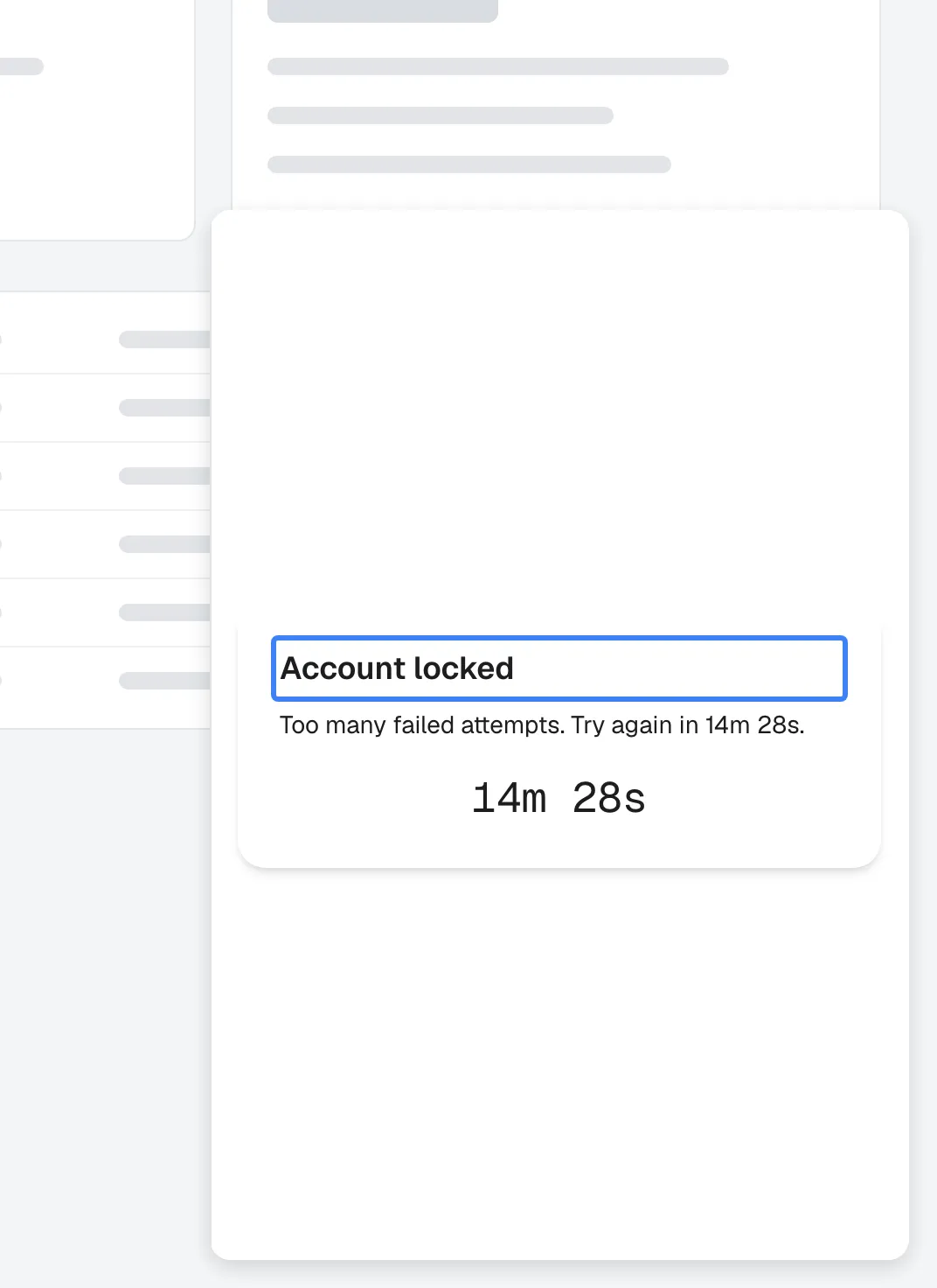 The widget's popup window after too many wrong PIN entries. The card's highlighted heading reads "Account locked", followed by "Too many failed attempts. Try again in" with about 14½ minutes left, and a large live countdown in minutes and seconds. There is no field and no button: the visitor can only wait. When the countdown ends the widget checks again and shows the PIN screen. Each further lockout lasts longer, from 1 minute up to 6 hours.