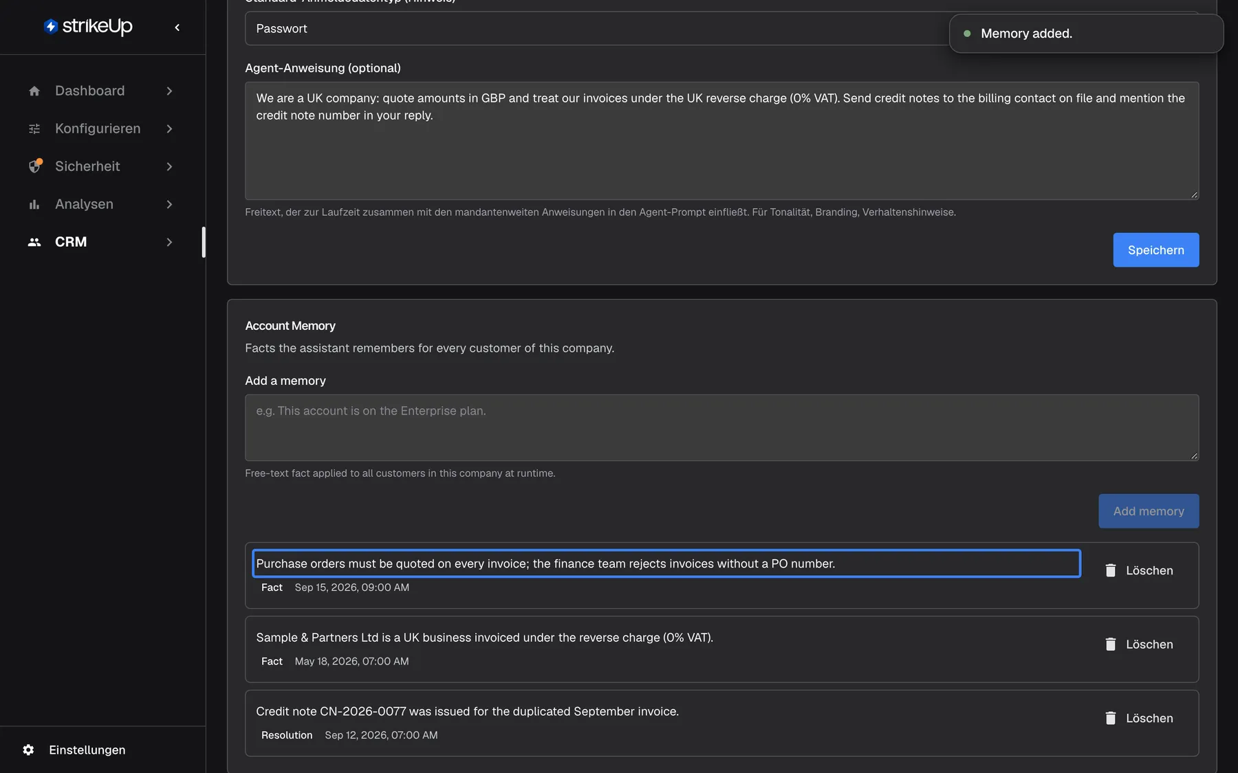 Die Karte „Account Memory“ von „Sample & Partners Ltd“ direkt nach dem Hinzufügen. Oben rechts erscheint die Erfolgsmeldung „Memory added.“. Der neue Eintrag „Purchase orders must be quoted on every invoice; the finance team rejects invoices without a PO number.“ ist oben in der Liste hervorgehoben, als „Fact“ markiert und auf den Sep 15, 2026 datiert, über den beiden älteren Einträgen. Das Feld „Add a memory“ ist wieder leer.