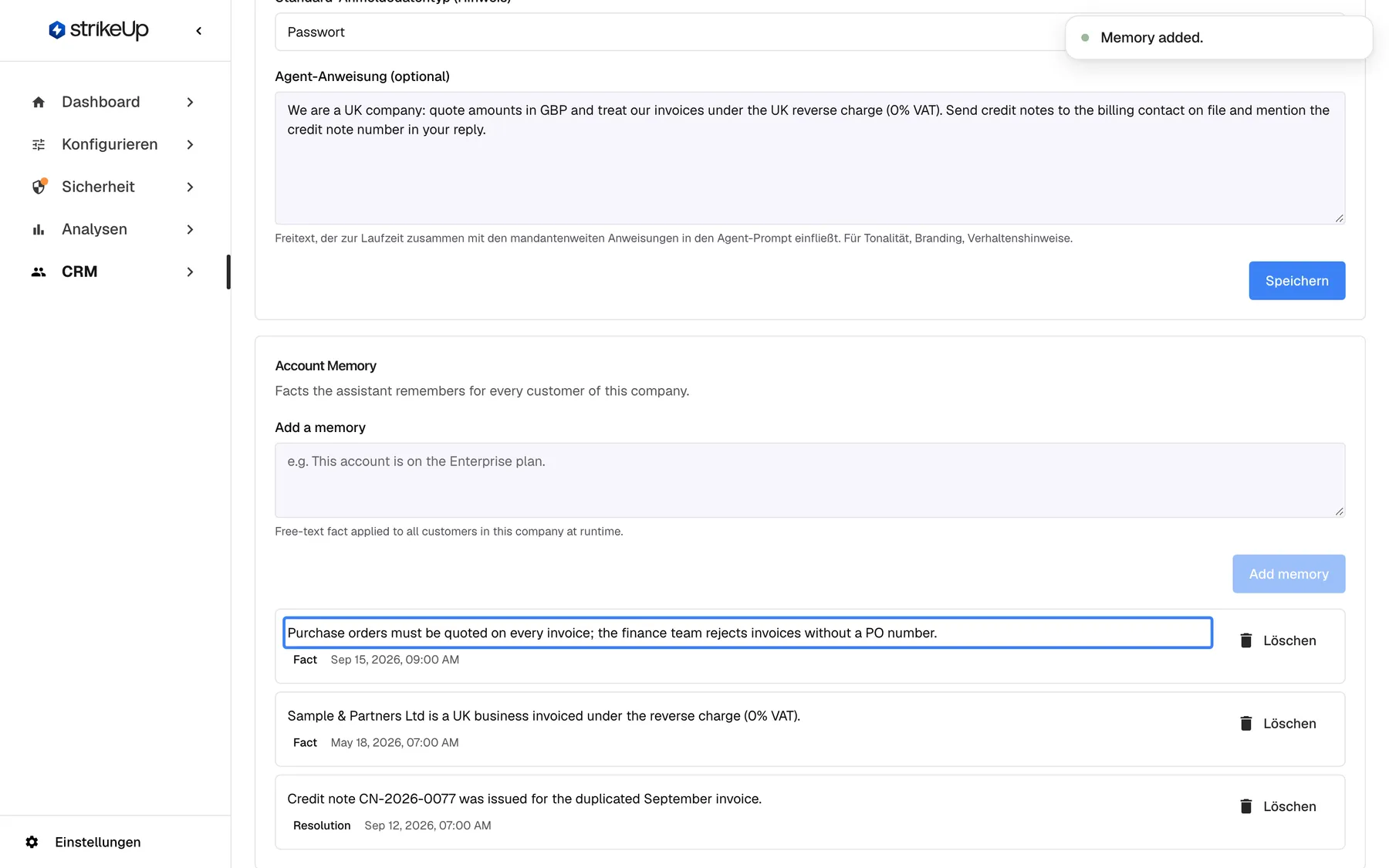 Die Karte „Account Memory“ von „Sample & Partners Ltd“ direkt nach dem Hinzufügen. Oben rechts erscheint die Erfolgsmeldung „Memory added.“. Der neue Eintrag „Purchase orders must be quoted on every invoice; the finance team rejects invoices without a PO number.“ ist oben in der Liste hervorgehoben, als „Fact“ markiert und auf den Sep 15, 2026 datiert, über den beiden älteren Einträgen. Das Feld „Add a memory“ ist wieder leer.