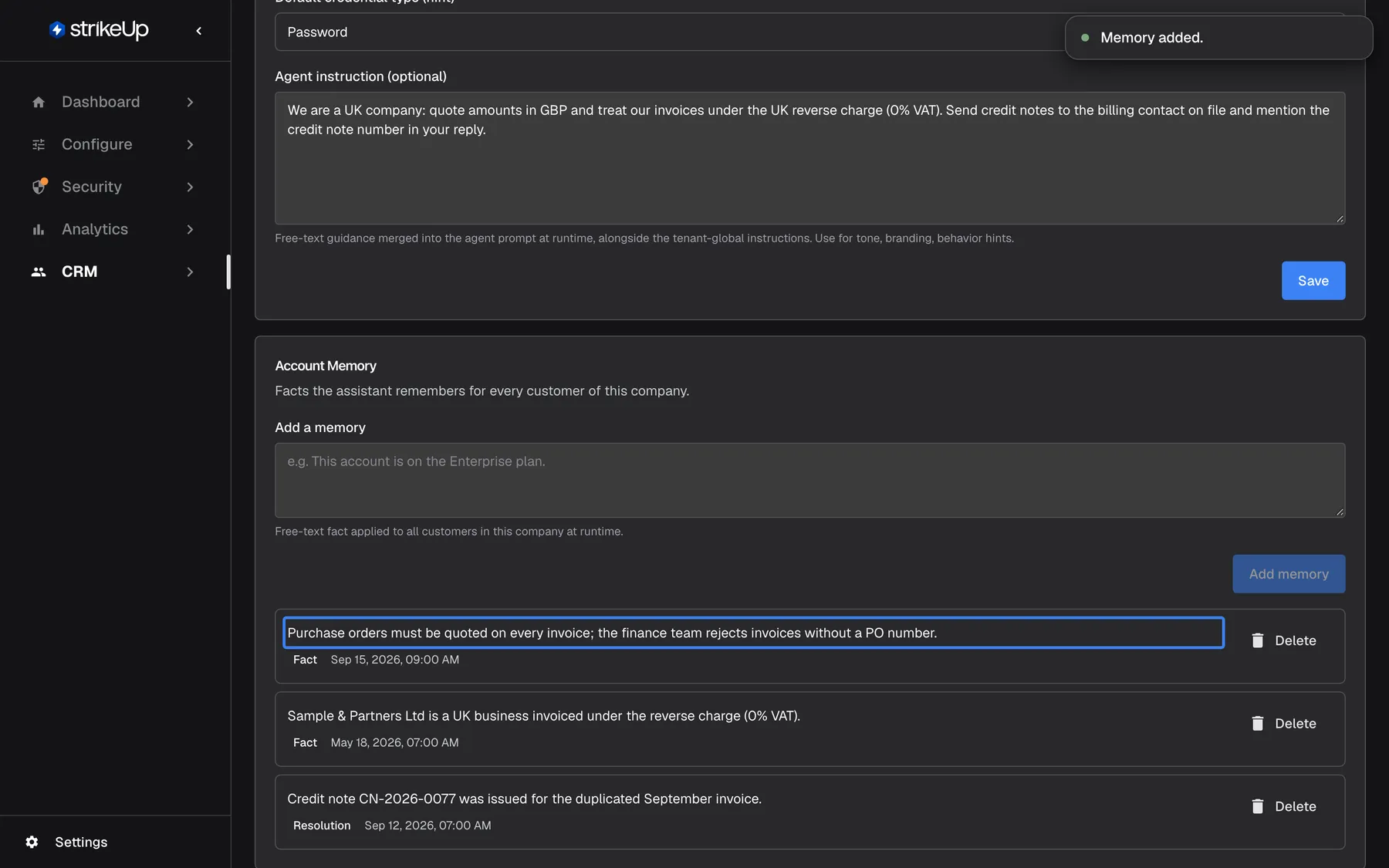 The Account Memory card of "Sample & Partners Ltd" just after adding a memory. A success notice "Memory added." shows at the top right. The new entry "Purchase orders must be quoted on every invoice; the finance team rejects invoices without a PO number." is highlighted at the top of the list, tagged "Fact" and dated Sep 15, 2026, above the two older memories. The "Add a memory" box is empty again.
