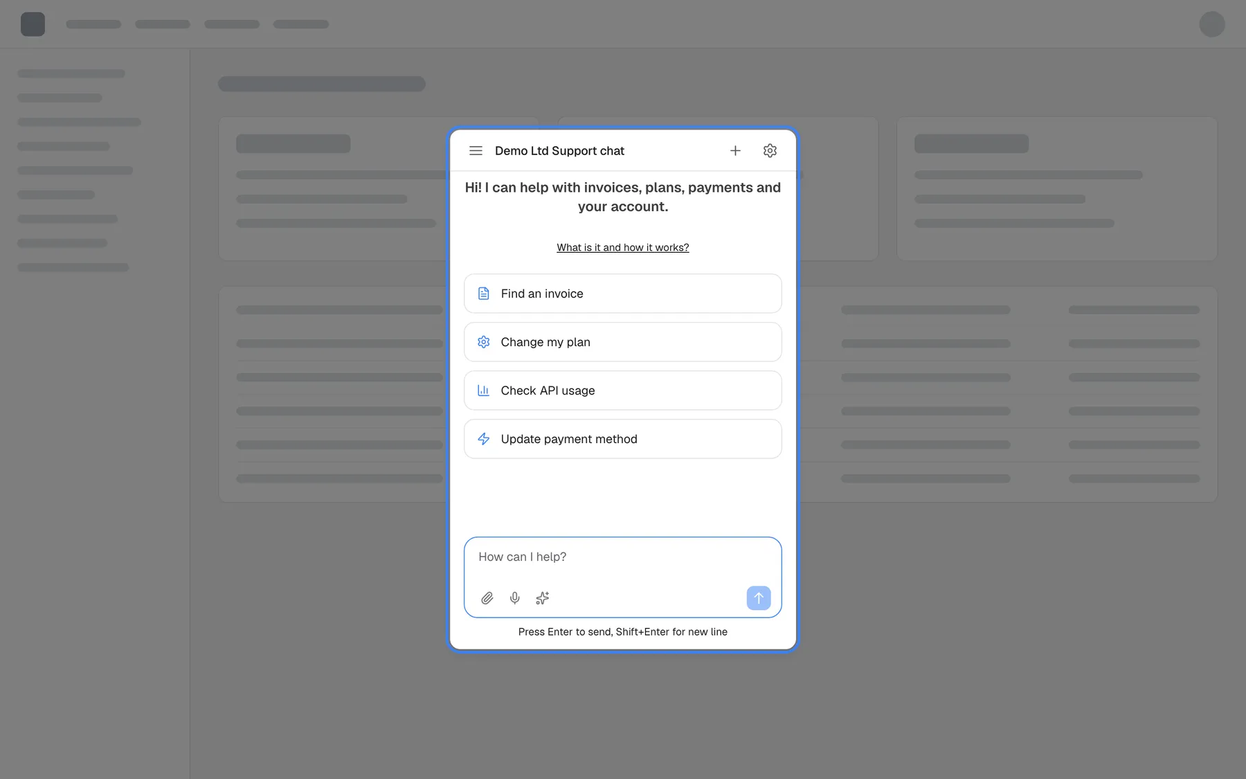 The Modal display type, set with displayType "modal" in the init call, on a neutral example web app. The chat window "Demo Ltd Support chat", highlighted, opened in the middle of the screen with the welcome text, the shortcut cards "Find an invoice", "Change my plan", "Check API usage" and "Update payment method" and the message box. A backdrop dims the whole page behind it; selecting the backdrop closes the window. Modal is not offered on the User Interface page.