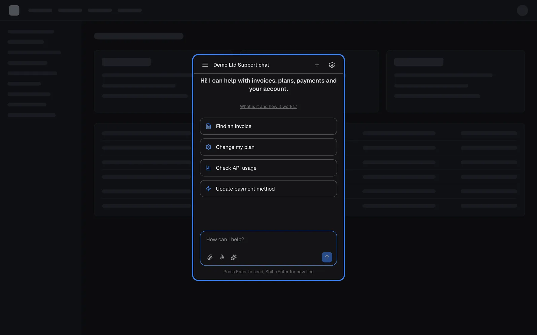 The Modal display type, set with displayType "modal" in the init call, on a neutral example web app. The chat window "Demo Ltd Support chat", highlighted, opened in the middle of the screen with the welcome text, the shortcut cards "Find an invoice", "Change my plan", "Check API usage" and "Update payment method" and the message box. A backdrop dims the whole page behind it; selecting the backdrop closes the window. Modal is not offered on the User Interface page.