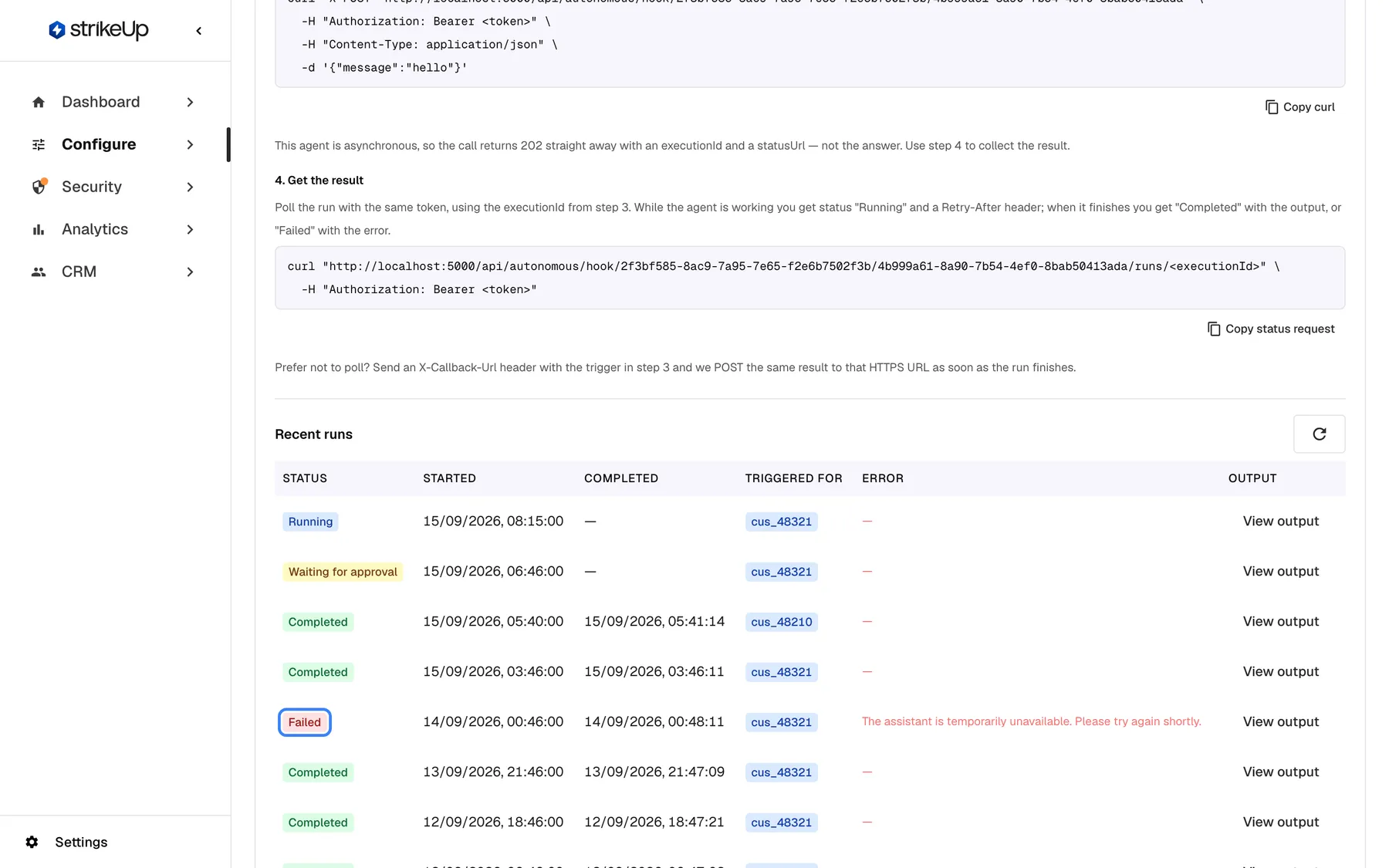 The "Recent runs" table at the bottom of the agent "Overdue invoice follow-up", with the columns Status, Started, Completed, Triggered for, Error and Output. The newest run (15/09/2026, 08:15) is "Running" and the one before it "Waiting for approval", both for customer cus_48321; the others are "Completed" except one highlighted "Failed" run on 14/09/2026 for cus_48321 with the error "The assistant is temporarily unavailable. Please try again shortly." One completed run was triggered for cus_48210. Every row has "View output". The table shows the last 20 runs.