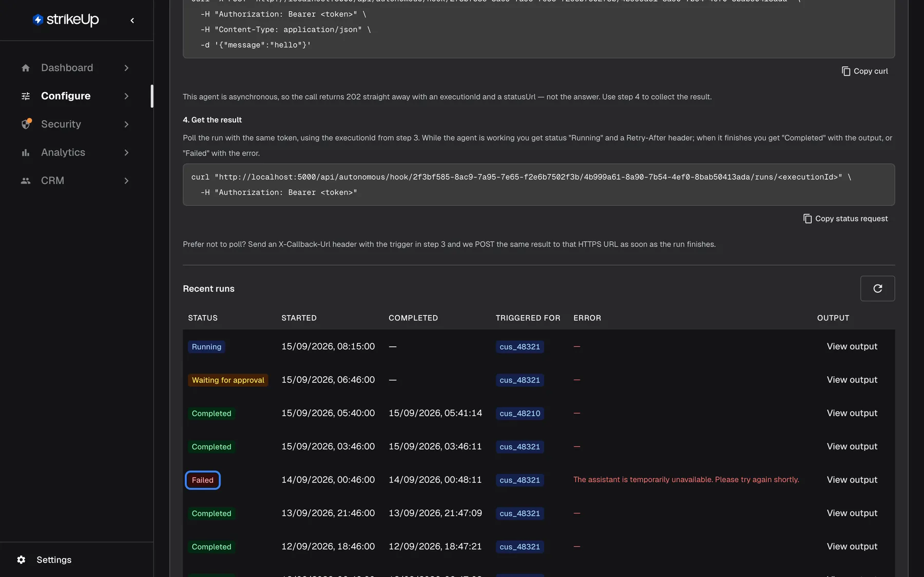 The "Recent runs" table at the bottom of the agent "Overdue invoice follow-up", with the columns Status, Started, Completed, Triggered for, Error and Output. The newest run (15/09/2026, 08:15) is "Running" and the one before it "Waiting for approval", both for customer cus_48321; the others are "Completed" except one highlighted "Failed" run on 14/09/2026 for cus_48321 with the error "The assistant is temporarily unavailable. Please try again shortly." One completed run was triggered for cus_48210. Every row has "View output". The table shows the last 20 runs.