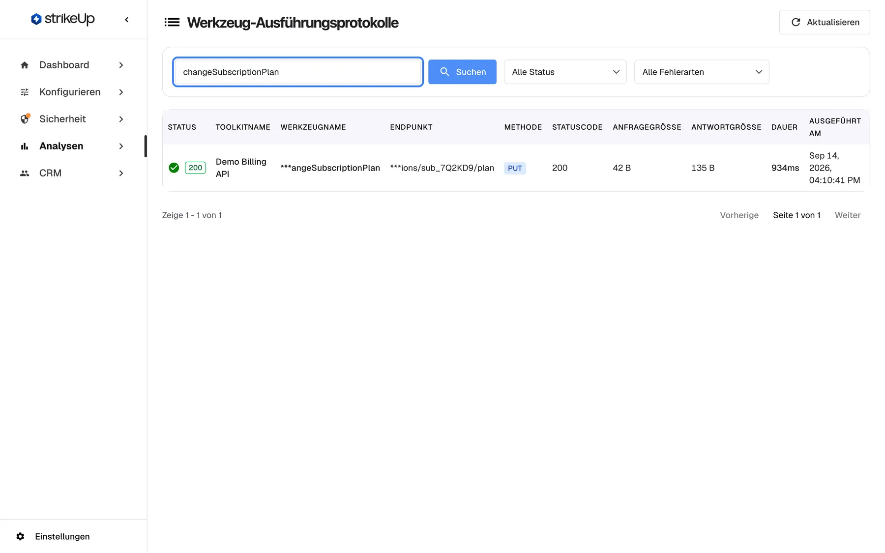 Schritt 5 auf der Seite „Tool-Läufe“. Das hervorgehobene Suchfeld „Nach Werkzeugname, Endpunkt oder Statuscode suchen“ enthält changeSubscriptionPlan, die Liste zeigt den einen passenden Lauf: grün 200 für das Werkzeug changeSubscriptionPlan der Demo Billing API, PUT an den Endpunkt plan des Abonnements, am 14. September um 16:10:41, Sekunden vor der bewerteten Antwort. Ein Klick auf die Zeile öffnet den Lauf mit genauer Anfrage und Antwort.