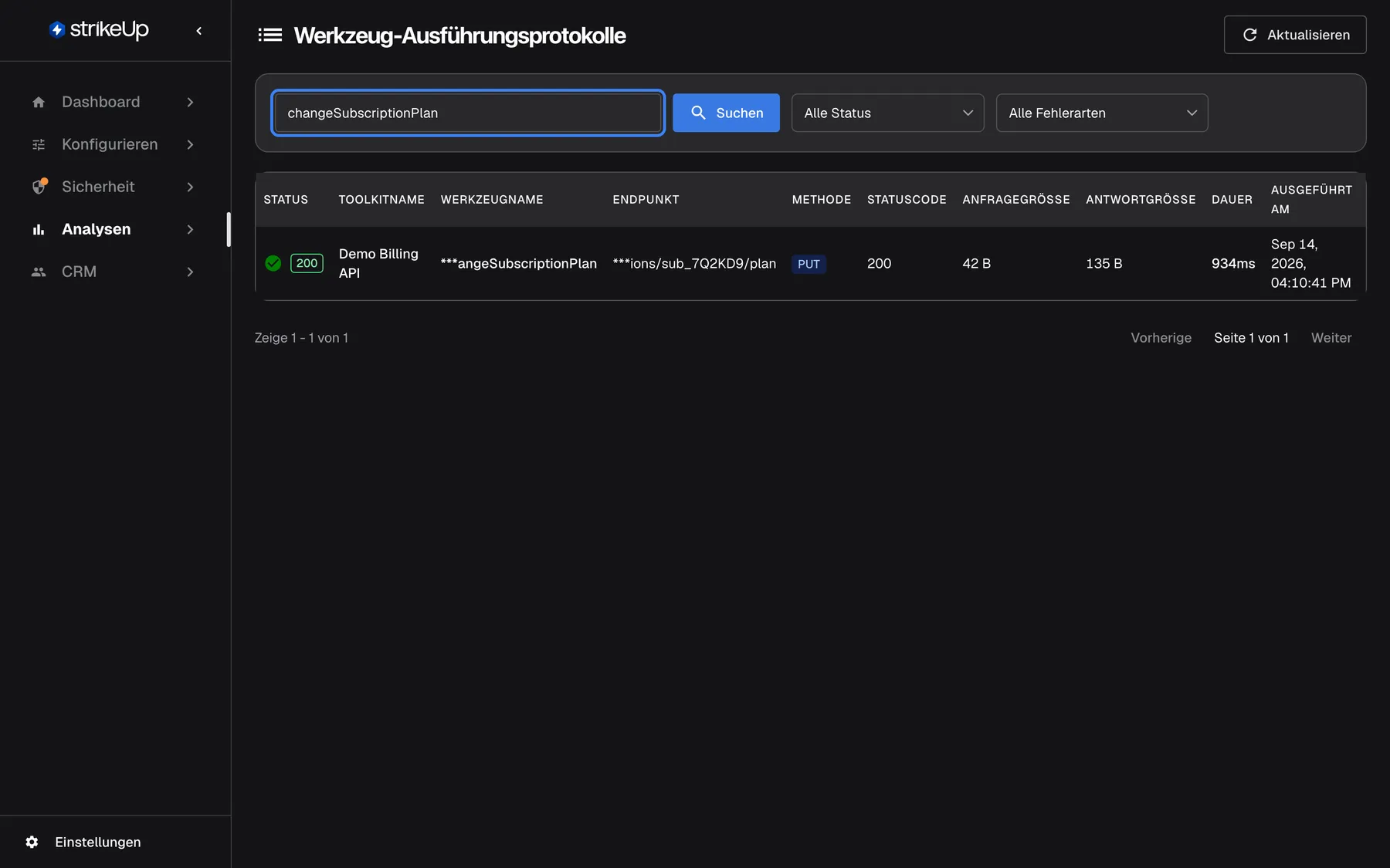 Schritt 5 auf der Seite „Tool-Läufe“. Das hervorgehobene Suchfeld „Nach Werkzeugname, Endpunkt oder Statuscode suchen“ enthält changeSubscriptionPlan, die Liste zeigt den einen passenden Lauf: grün 200 für das Werkzeug changeSubscriptionPlan der Demo Billing API, PUT an den Endpunkt plan des Abonnements, am 14. September um 16:10:41, Sekunden vor der bewerteten Antwort. Ein Klick auf die Zeile öffnet den Lauf mit genauer Anfrage und Antwort.