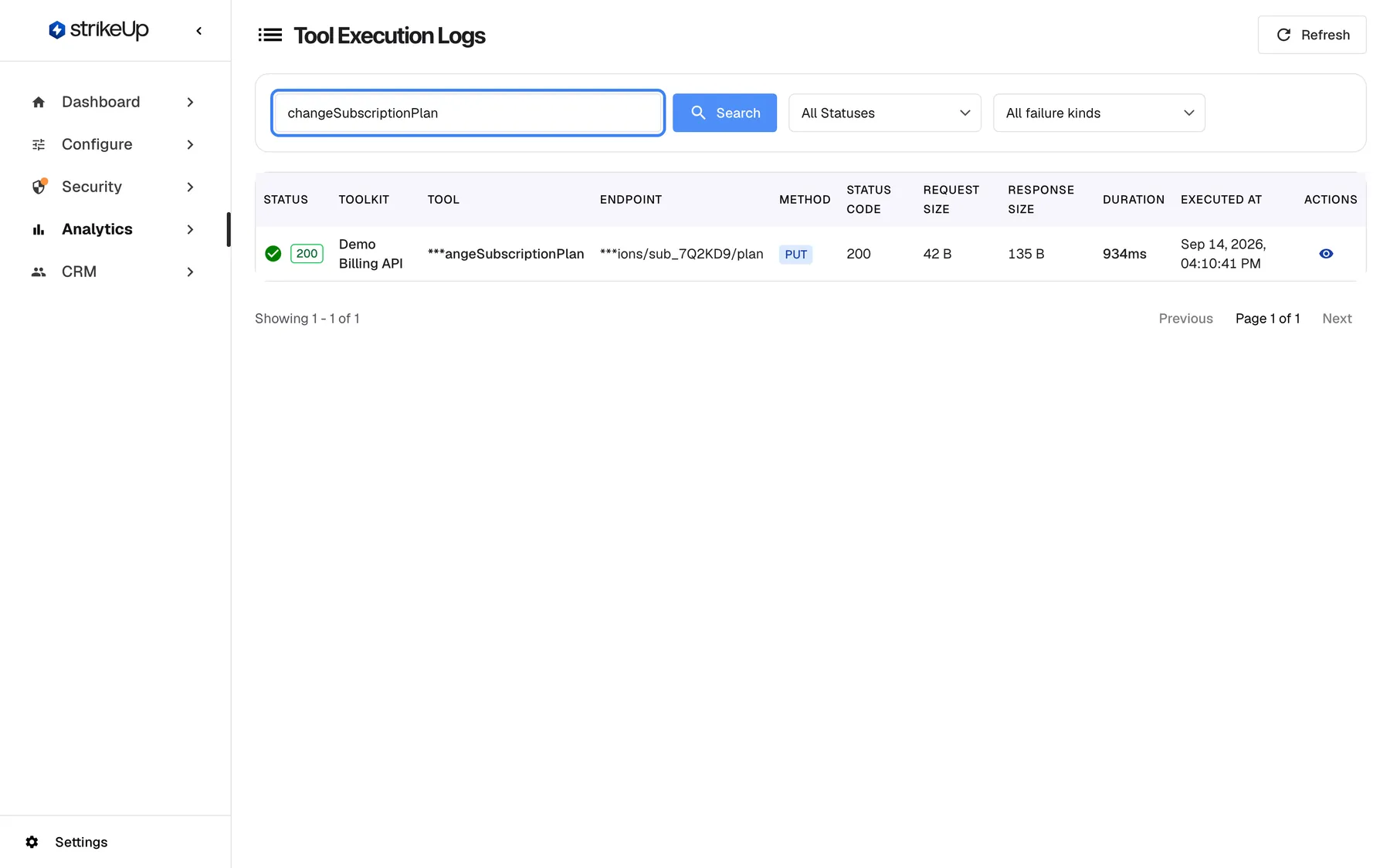 Step 5 on the Tool runs page. The highlighted search box "Search by tool name, endpoint, or status code..." contains changeSubscriptionPlan and the list shows the one matching run: a green 200 for the Demo Billing API tool changeSubscriptionPlan, PUT to the subscription's plan endpoint, at 14 September 16:10:41, seconds before the rated answer. Selecting the row opens the run with the exact request and response.