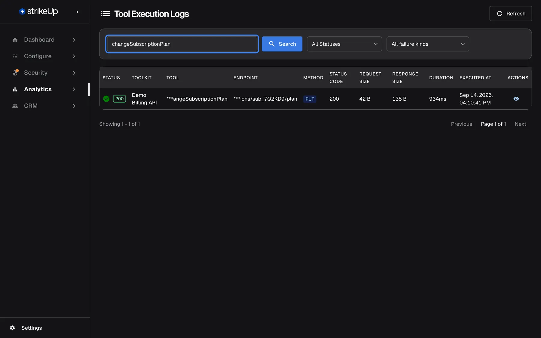 Step 5 on the Tool runs page. The highlighted search box "Search by tool name, endpoint, or status code..." contains changeSubscriptionPlan and the list shows the one matching run: a green 200 for the Demo Billing API tool changeSubscriptionPlan, PUT to the subscription's plan endpoint, at 14 September 16:10:41, seconds before the rated answer. Selecting the row opens the run with the exact request and response.