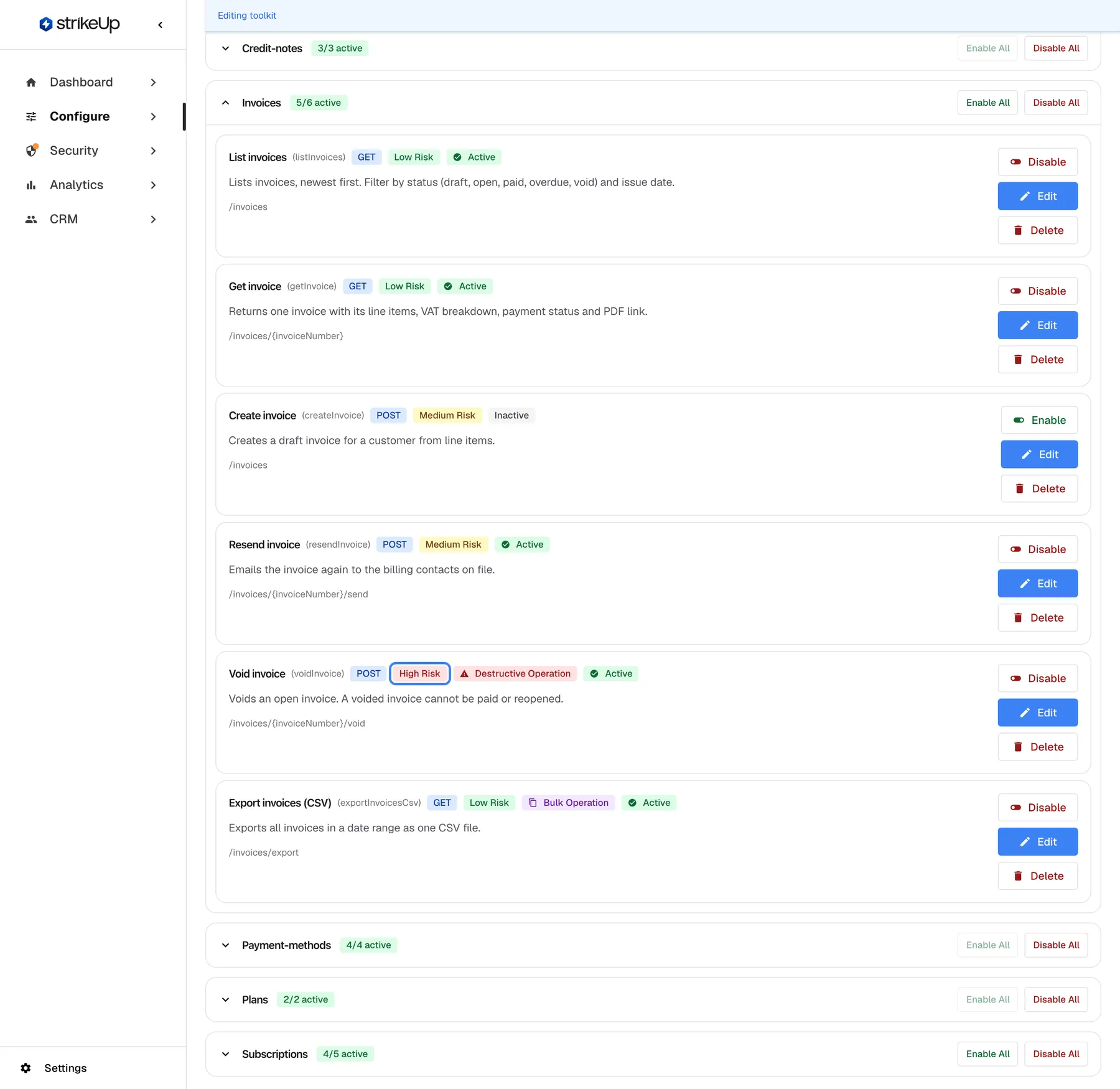 The Invoices tool group of the Demo Billing API toolkit, expanded ("5/6 active", with "Enable All" and "Disable All"). Each tool row shows its display name, internal name, method, a risk badge and its status: "List invoices" (GET, Low Risk, Active), "Get invoice" (GET, Low Risk, Active), "Create invoice" (POST, Medium Risk, Inactive), "Resend invoice" (POST, Medium Risk, Active), "Void invoice" (POST, High Risk, Destructive Operation, Active) and "Export invoices (CSV)" (GET, Low Risk, Bulk Operation, Active). The red "High Risk" badge of Void invoice is highlighted. Each row has Disable or Enable, Edit and Delete buttons.