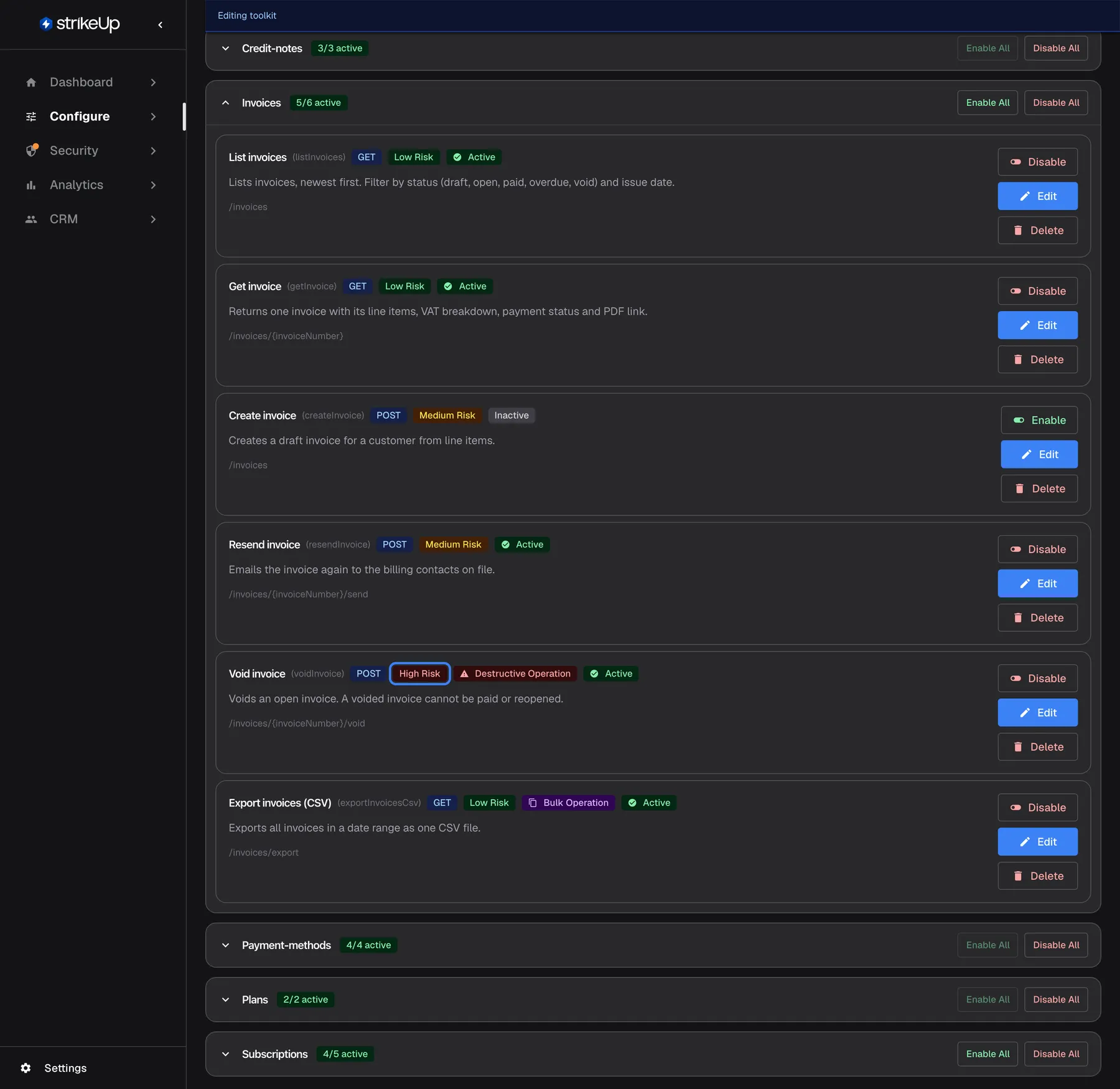 The Invoices tool group of the Demo Billing API toolkit, expanded ("5/6 active", with "Enable All" and "Disable All"). Each tool row shows its display name, internal name, method, a risk badge and its status: "List invoices" (GET, Low Risk, Active), "Get invoice" (GET, Low Risk, Active), "Create invoice" (POST, Medium Risk, Inactive), "Resend invoice" (POST, Medium Risk, Active), "Void invoice" (POST, High Risk, Destructive Operation, Active) and "Export invoices (CSV)" (GET, Low Risk, Bulk Operation, Active). The red "High Risk" badge of Void invoice is highlighted. Each row has Disable or Enable, Edit and Delete buttons.