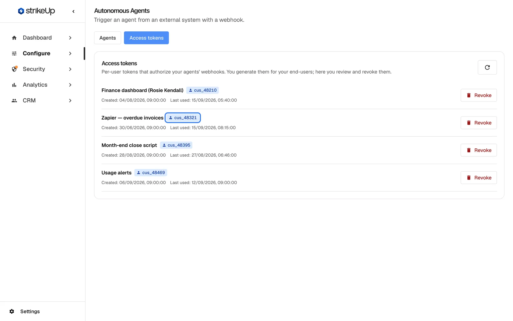 The "Access tokens" tab of the Autonomous Agents page, listing the per-user tokens minted through the API: "Finance dashboard (Rosie Kendall)", "Zapier — overdue invoices", "Month-end close script" and "Usage alerts", each with Created and Last used dates and a Revoke button. The highlighted badge "cus_48321" on "Zapier — overdue invoices" names the end-user the token belongs to; every run triggered with it is attributed to that customer.