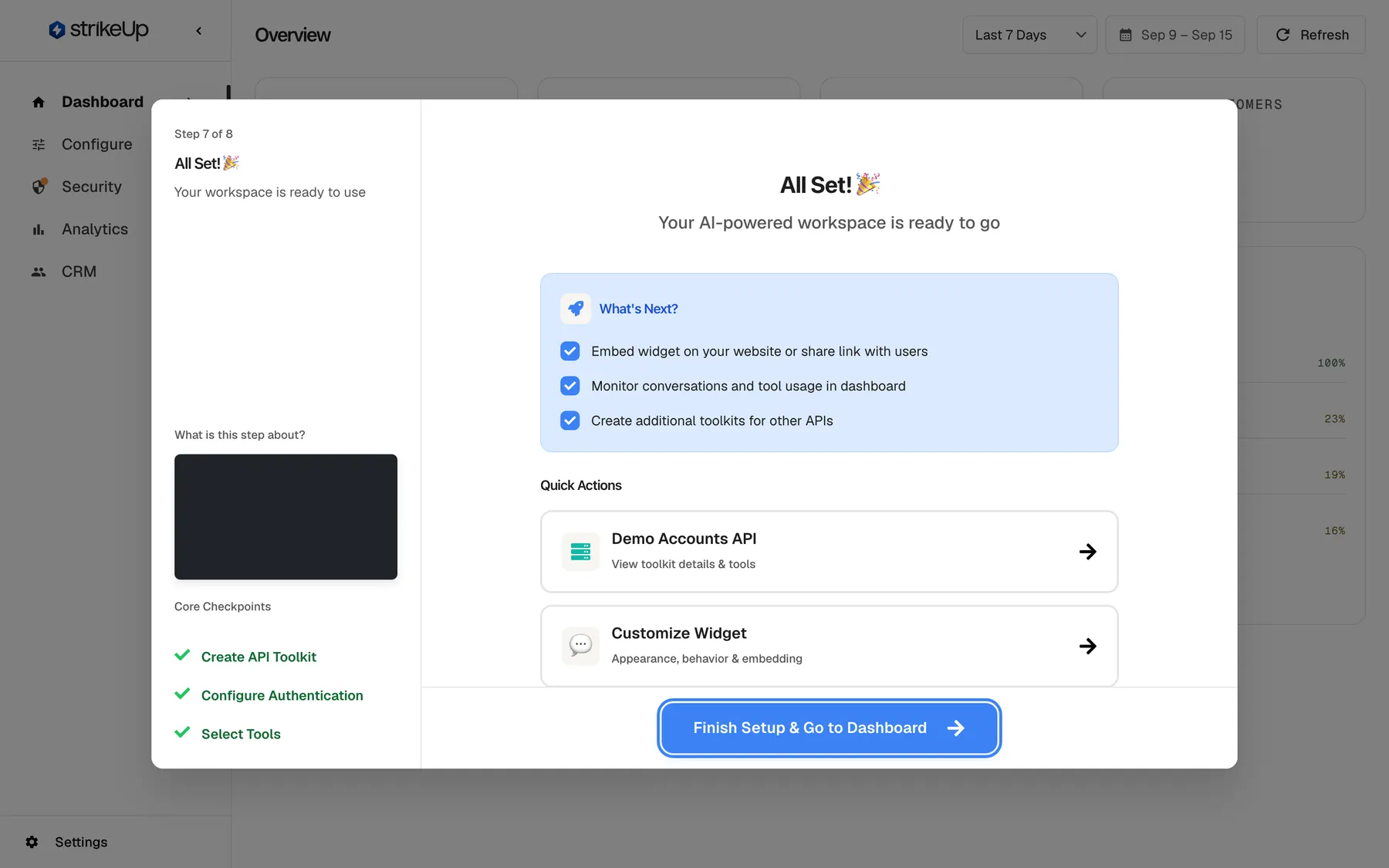 The last wizard screen, "Step 7 of 8", "All Set! 🎉", with "Your AI-powered workspace is ready to go". A blue "What's Next?" box lists "Embed widget on your website or share link with users", "Monitor conversations and tool usage in dashboard" and "Create additional toolkits for other APIs". Under "Quick Actions" are the cards "Demo Accounts API – View toolkit details & tools" and "Customize Widget – Appearance, behavior & embedding". All three Core Checkpoints are green. The highlighted blue "Finish Setup & Go to Dashboard" button at the bottom closes the wizard for good and reloads the dashboard.