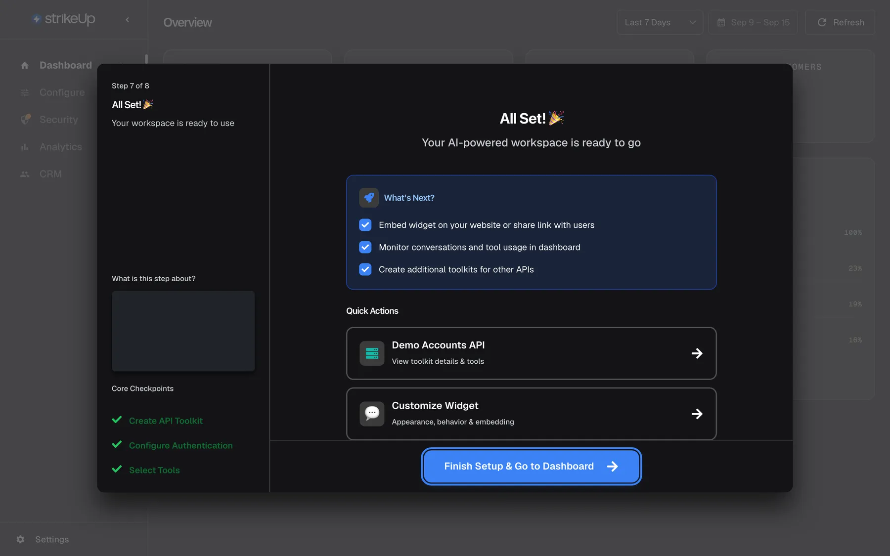 The last wizard screen, "Step 7 of 8", "All Set! 🎉", with "Your AI-powered workspace is ready to go". A blue "What's Next?" box lists "Embed widget on your website or share link with users", "Monitor conversations and tool usage in dashboard" and "Create additional toolkits for other APIs". Under "Quick Actions" are the cards "Demo Accounts API – View toolkit details & tools" and "Customize Widget – Appearance, behavior & embedding". All three Core Checkpoints are green. The highlighted blue "Finish Setup & Go to Dashboard" button at the bottom closes the wizard for good and reloads the dashboard.