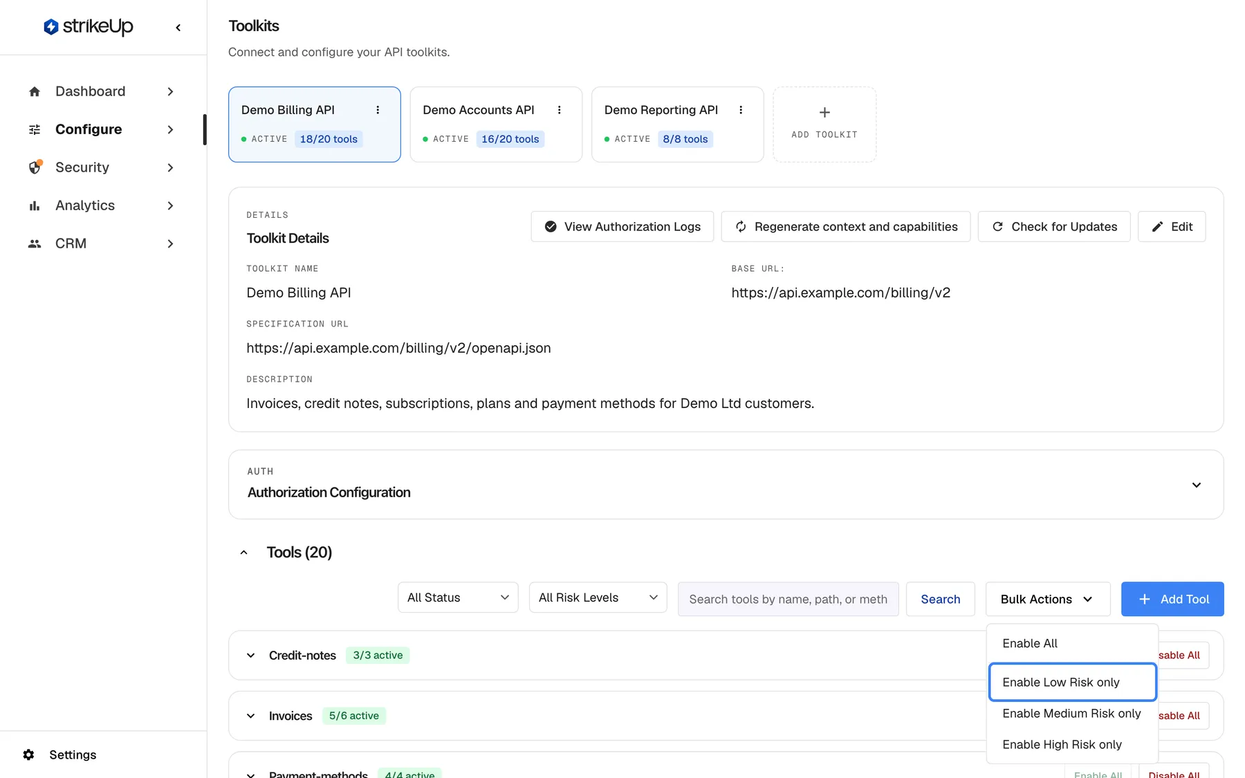 The tools area of the Demo Billing API toolkit with the "Bulk Actions" menu open. Above it are the filters "All Status" and "All Risk Levels", the search box "Search tools by name, path, or method...", "Search" and the blue "Add Tool" button. The menu lists "Enable All", "Enable Low Risk only", "Enable Medium Risk only" and "Enable High Risk only"; "Enable Low Risk only" is highlighted. It switches on every inactive tool of exactly that risk level and leaves the other levels unchanged. Behind the menu are the Credit-notes and Invoices groups.