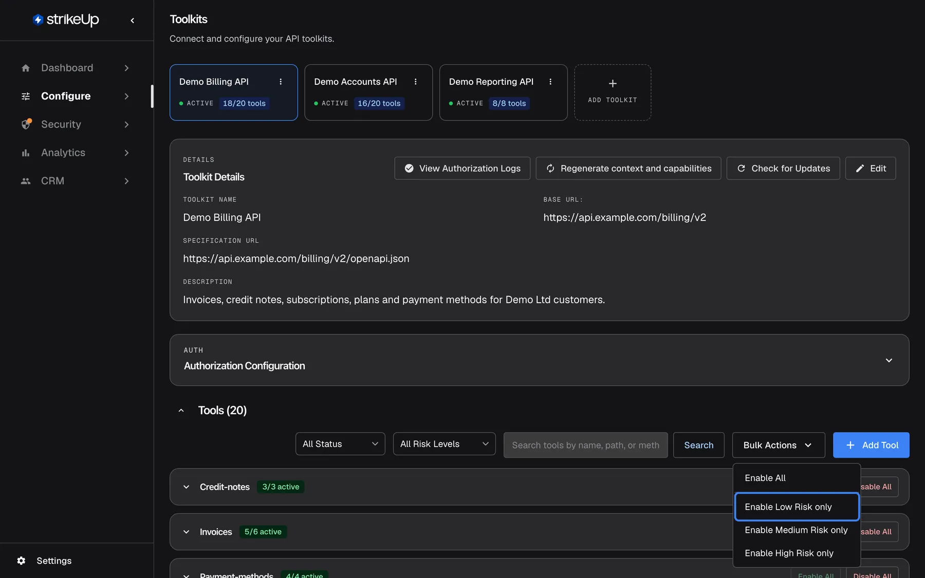The tools area of the Demo Billing API toolkit with the "Bulk Actions" menu open. Above it are the filters "All Status" and "All Risk Levels", the search box "Search tools by name, path, or method...", "Search" and the blue "Add Tool" button. The menu lists "Enable All", "Enable Low Risk only", "Enable Medium Risk only" and "Enable High Risk only"; "Enable Low Risk only" is highlighted. It switches on every inactive tool of exactly that risk level and leaves the other levels unchanged. Behind the menu are the Credit-notes and Invoices groups.