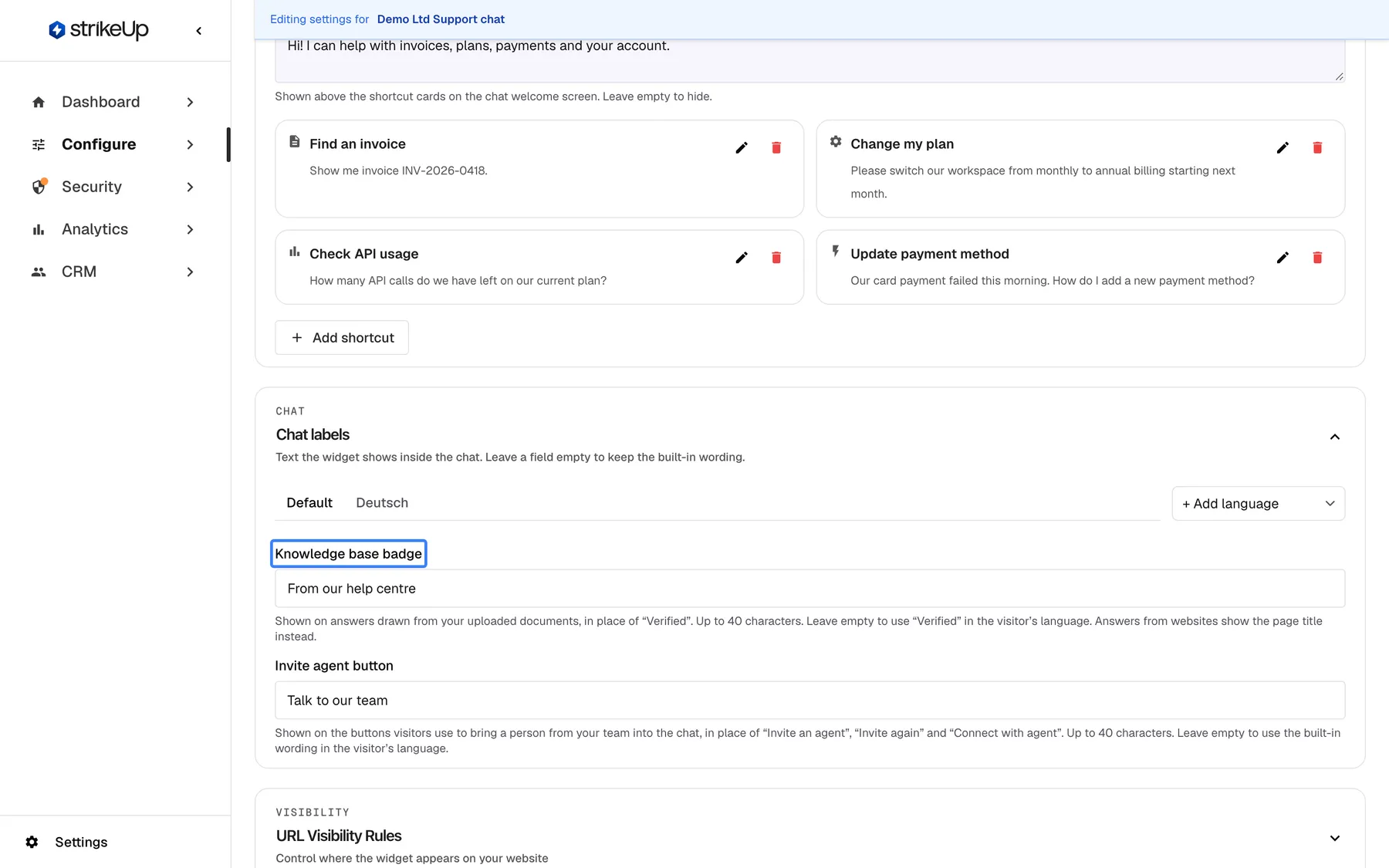The "Chat labels" section of the User Interface page: "Text the widget shows inside the chat. Leave a field empty to keep the built-in wording." Two fields follow. The highlighted field "Knowledge base badge" reads "From our help centre", with the help that it replaces "Verified" on answers drawn from your uploaded documents, takes up to 40 characters and stays "Verified" in the visitor's language when empty. Below it, "Invite agent button" reads "Talk to our team". Language tabs above the fields hold the default text and a German translation.