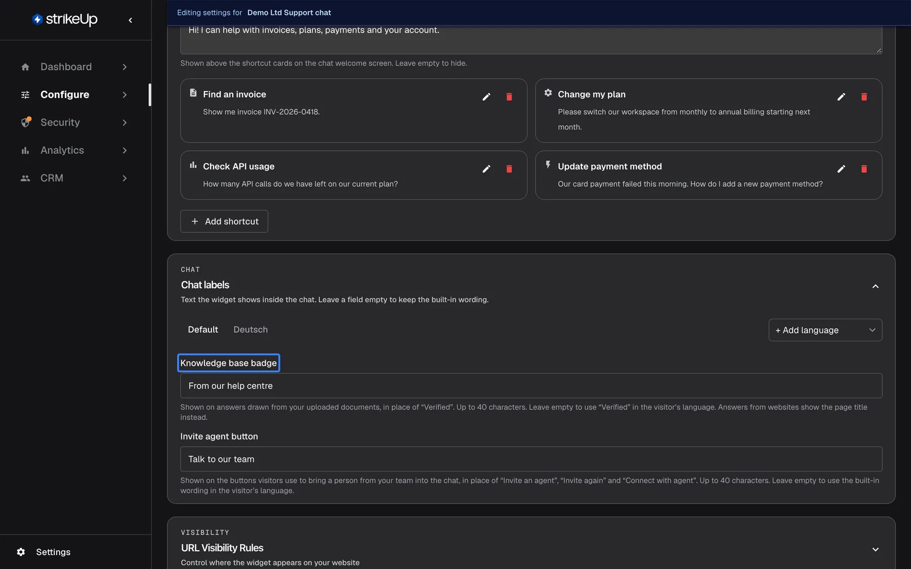 The "Chat labels" section of the User Interface page: "Text the widget shows inside the chat. Leave a field empty to keep the built-in wording." Two fields follow. The highlighted field "Knowledge base badge" reads "From our help centre", with the help that it replaces "Verified" on answers drawn from your uploaded documents, takes up to 40 characters and stays "Verified" in the visitor's language when empty. Below it, "Invite agent button" reads "Talk to our team". Language tabs above the fields hold the default text and a German translation.