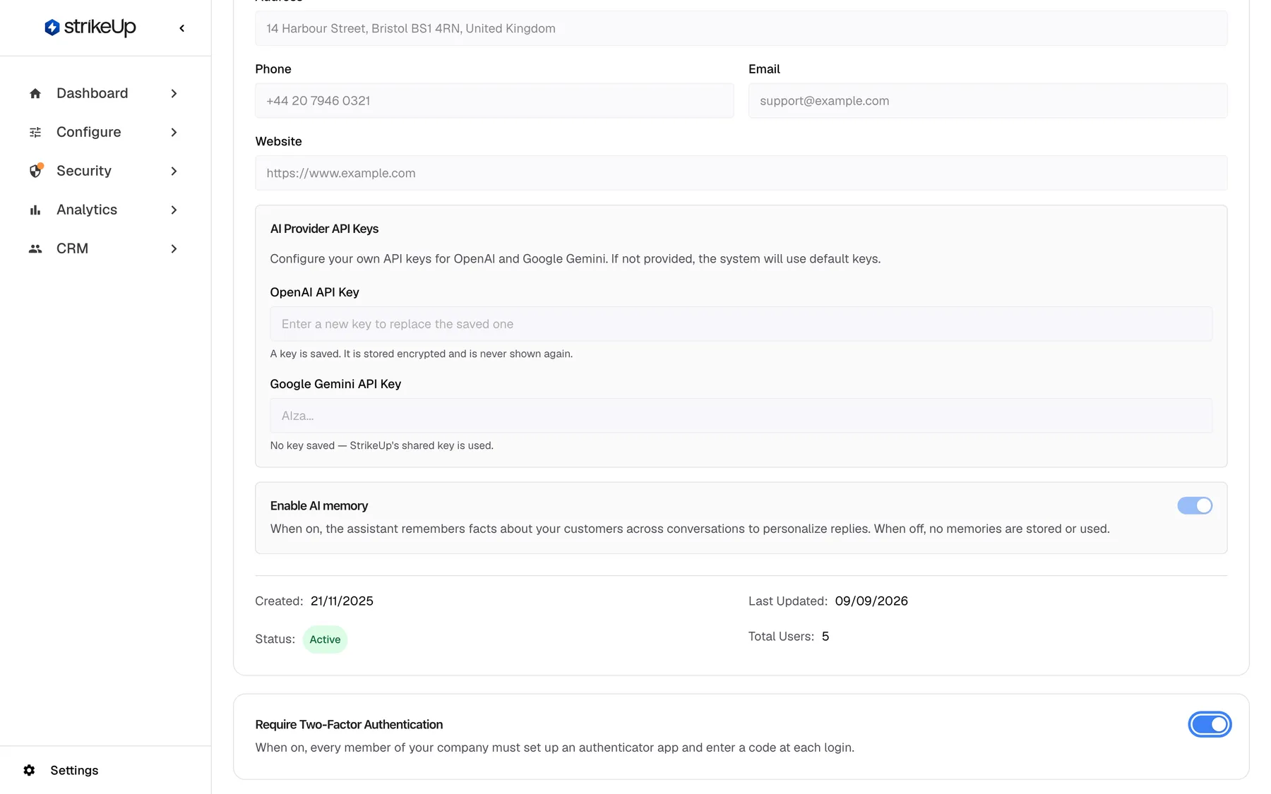 The bottom of the company settings page for Demo Ltd, scrolled past the contact details, the "AI Provider API Keys" box and the "Enable AI memory" switch. The last card is "Require Two-Factor Authentication" with the description "When on, every member of your company must set up an authenticator app and enter a code at each login.". The blue switch at its right end is highlighted and turned on. Changing it saves immediately, without a save button; members without an authenticator are asked to set one up at their next sign-in. Only administrators can change it.