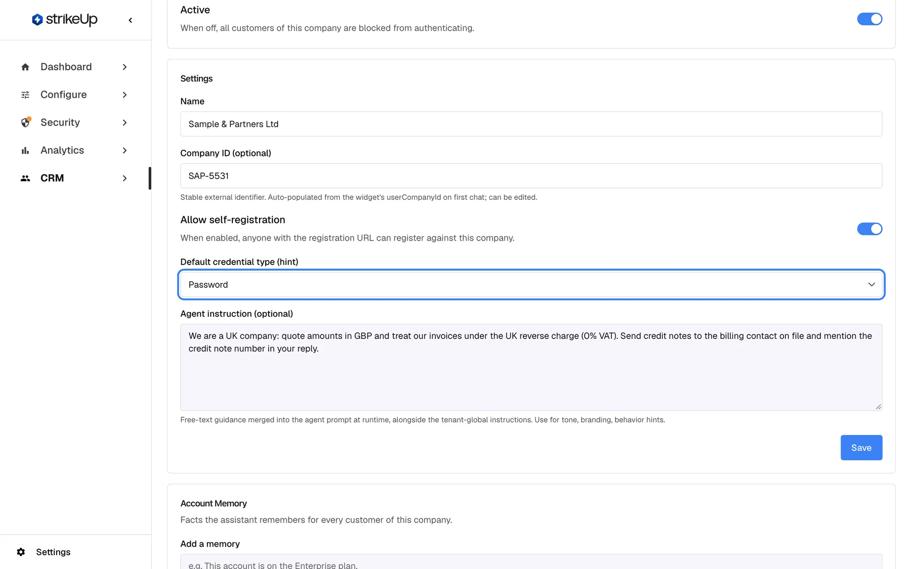 The Settings card on the Overview tab of "Sample & Partners Ltd". "Allow self-registration" is switched on, with the note that anyone with the registration URL can register against this company. The highlighted "Default credential type (hint)" selector is set to "Password"; its help says it is the suggested default for the credential setup popup and each customer can still choose their own. Name, Company ID SAP-5531 and the agent instruction are also shown.