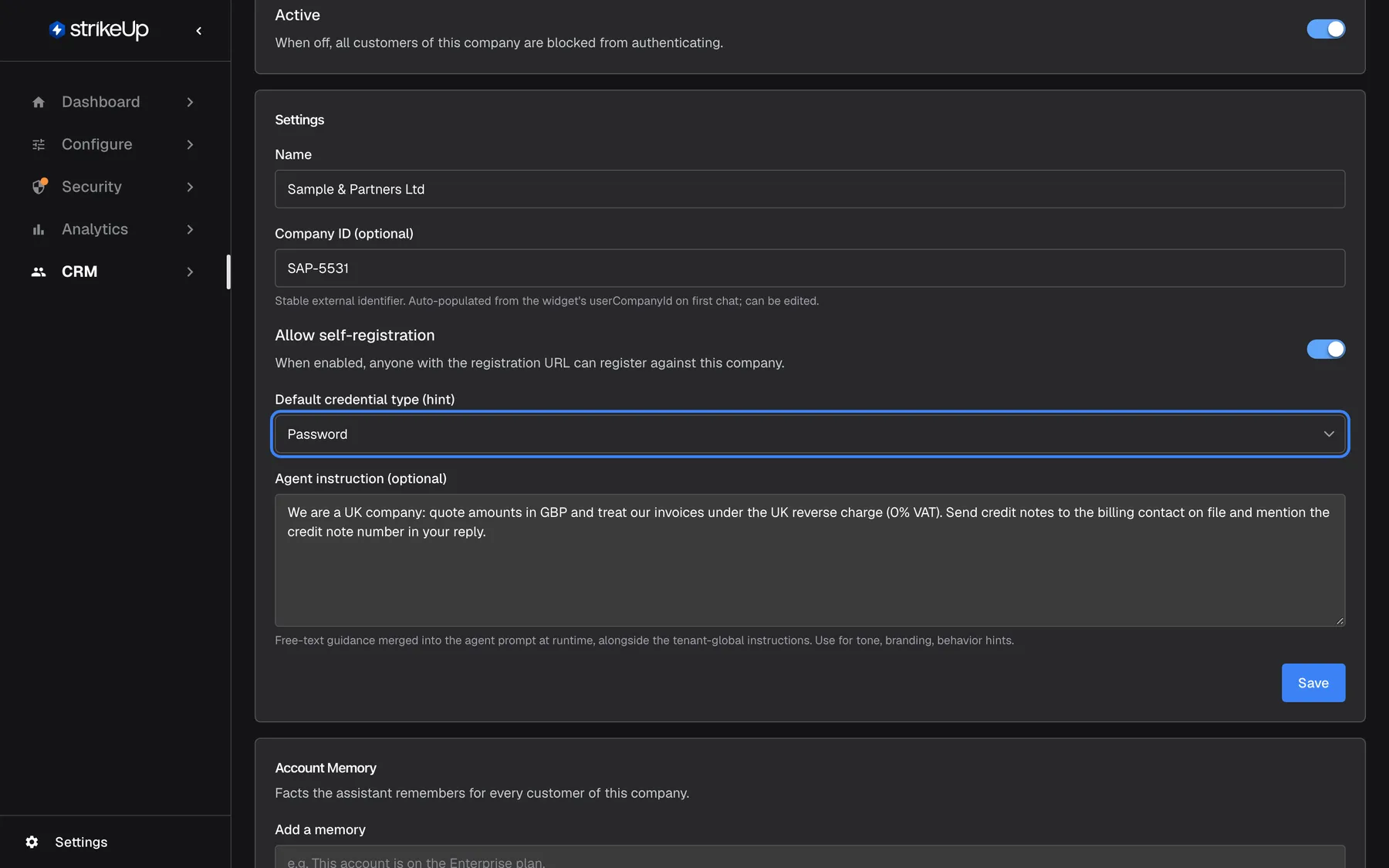 The Settings card on the Overview tab of "Sample & Partners Ltd". "Allow self-registration" is switched on, with the note that anyone with the registration URL can register against this company. The highlighted "Default credential type (hint)" selector is set to "Password"; its help says it is the suggested default for the credential setup popup and each customer can still choose their own. Name, Company ID SAP-5531 and the agent instruction are also shown.