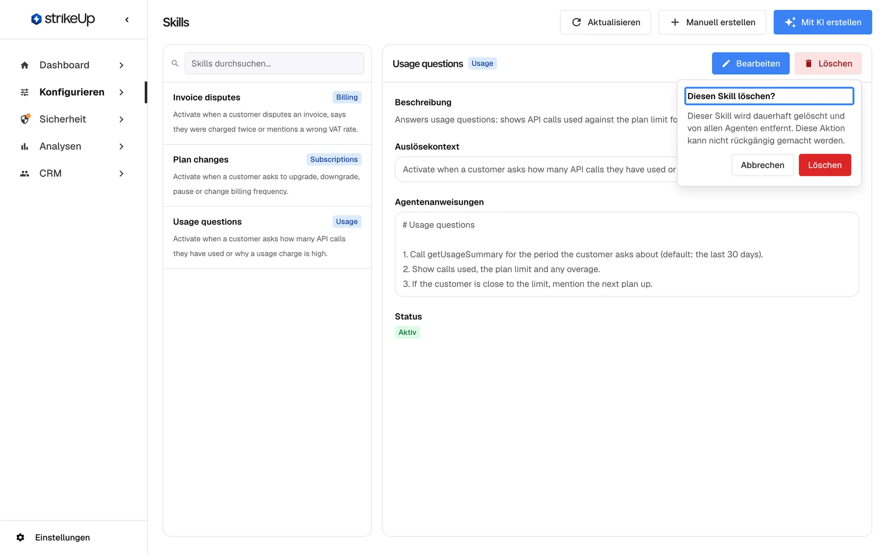 Die Seite Skills mit ausgewähltem Skill „Usage questions“ und einem geöffneten Bestätigungsfenster neben der Schaltfläche „Löschen“. Der hervorgehobene Titel lautet „Diesen Skill löschen?“, gefolgt von „Dieser Skill wird dauerhaft gelöscht und von allen Agenten entfernt. Diese Aktion kann nicht rückgängig gemacht werden.“ und den Schaltflächen „Abbrechen“ und „Löschen“. Die Details des Skills bleiben dahinter sichtbar.
