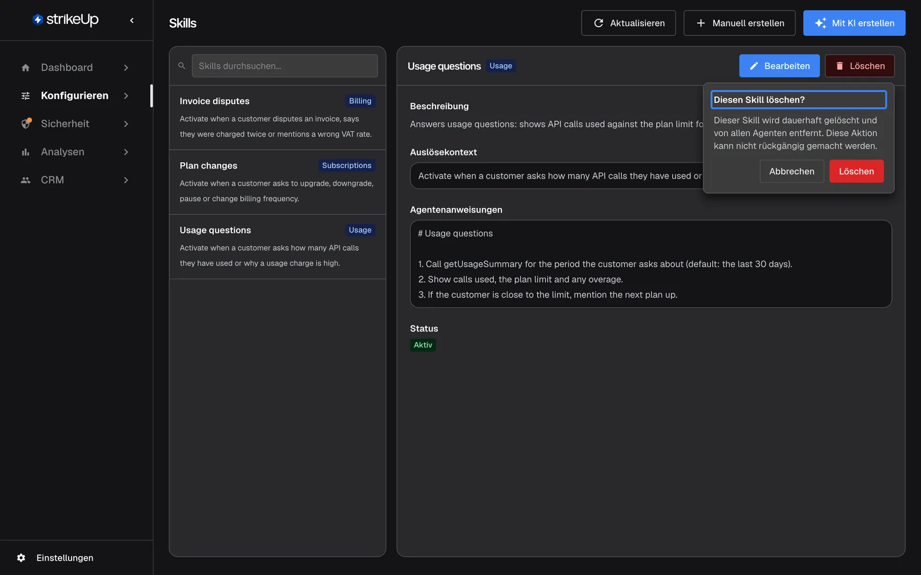 Die Seite Skills mit ausgewähltem Skill „Usage questions“ und einem geöffneten Bestätigungsfenster neben der Schaltfläche „Löschen“. Der hervorgehobene Titel lautet „Diesen Skill löschen?“, gefolgt von „Dieser Skill wird dauerhaft gelöscht und von allen Agenten entfernt. Diese Aktion kann nicht rückgängig gemacht werden.“ und den Schaltflächen „Abbrechen“ und „Löschen“. Die Details des Skills bleiben dahinter sichtbar.