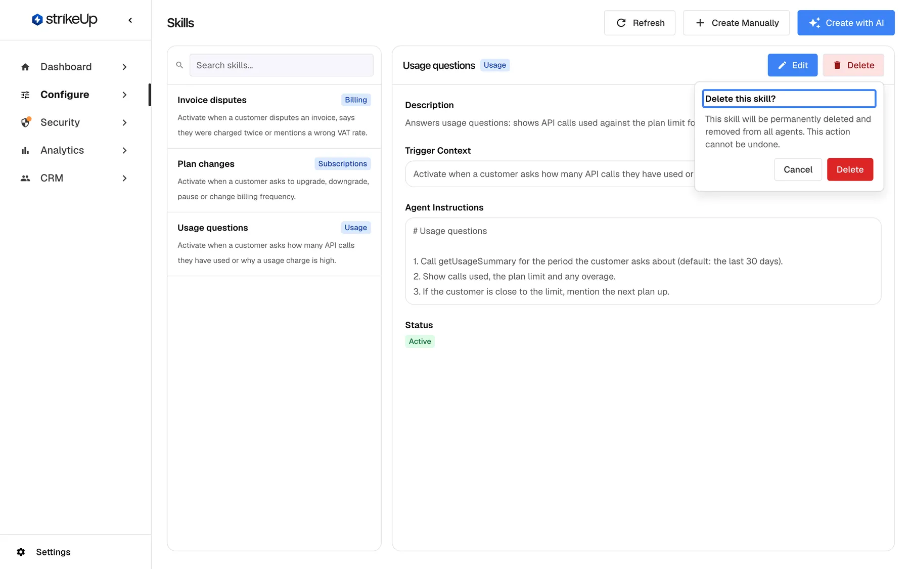 The Skills page with "Usage questions" selected and a confirmation popover open next to its "Delete" button. The highlighted title reads "Delete this skill?", followed by "This skill will be permanently deleted and removed from all agents. This action cannot be undone." and the buttons "Cancel" and "Delete". The skill's details stay visible in the panel behind the popover.