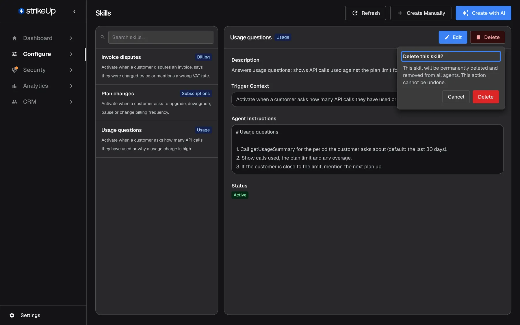 The Skills page with "Usage questions" selected and a confirmation popover open next to its "Delete" button. The highlighted title reads "Delete this skill?", followed by "This skill will be permanently deleted and removed from all agents. This action cannot be undone." and the buttons "Cancel" and "Delete". The skill's details stay visible in the panel behind the popover.