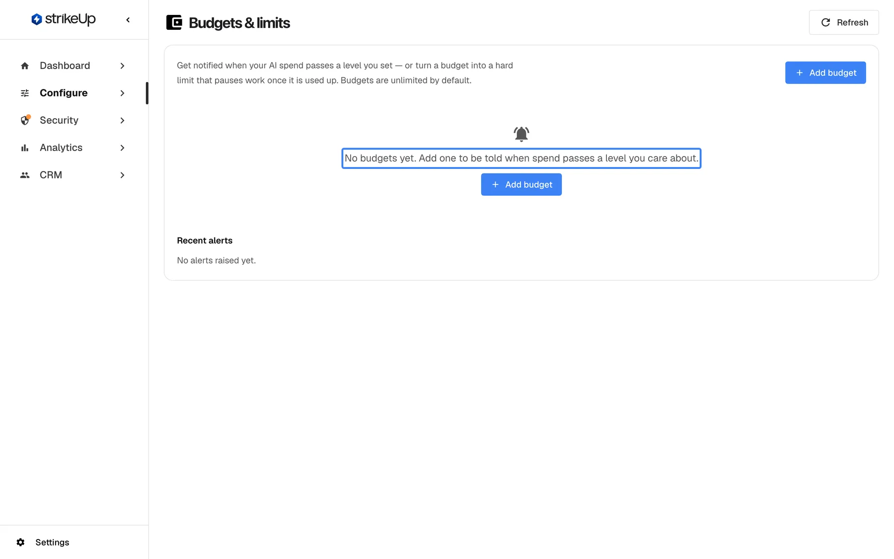 The Budgets & limits page before any budget exists. Under the intro sentence the highlighted message reads "No budgets yet. Add one to be told when spend passes a level you care about." with an "Add budget" button. The "Recent alerts" section below shows "No alerts raised yet." Without a budget, AI spend is unlimited and nobody is notified about it.