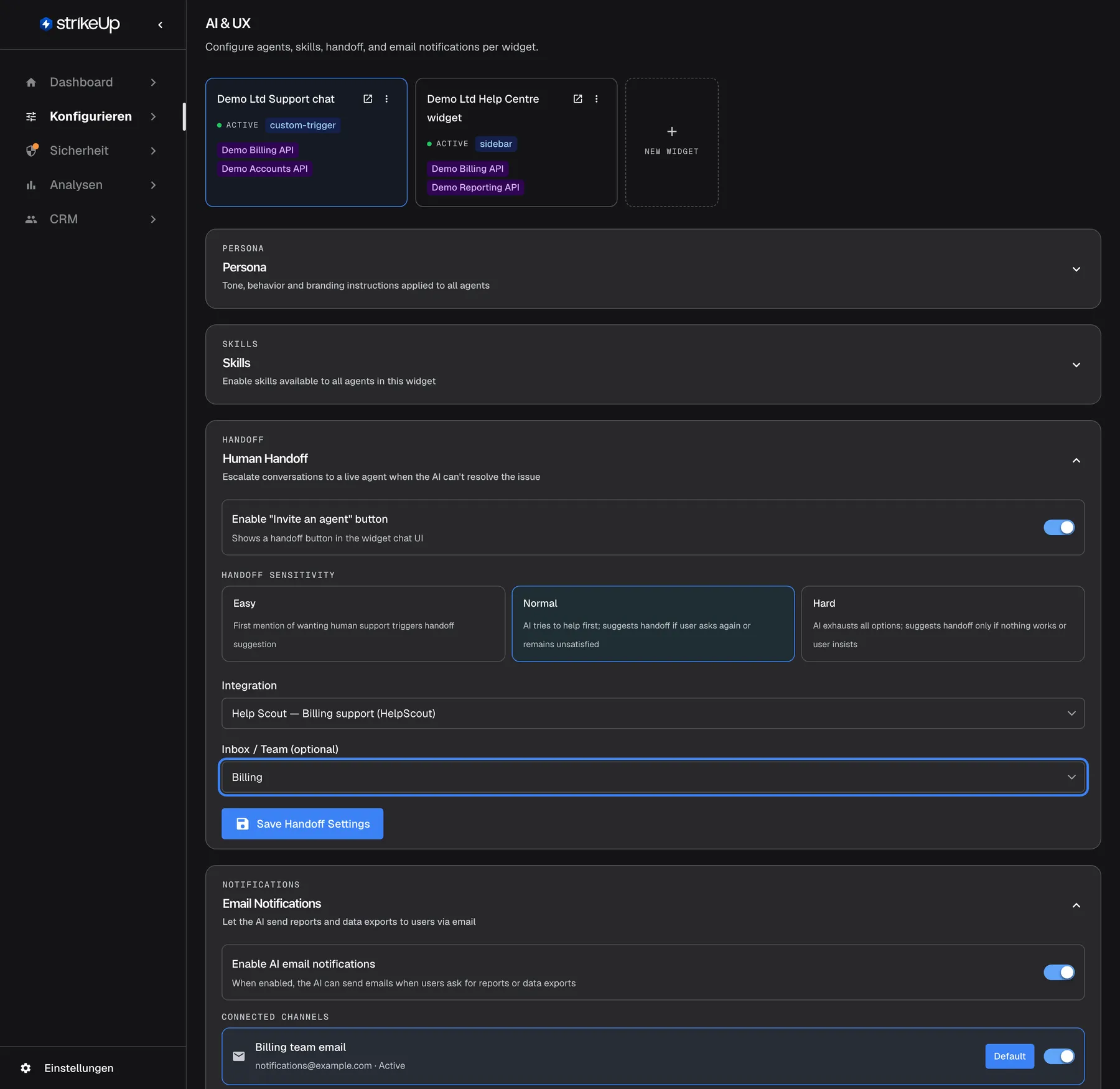 Der Abschnitt „Human Handoff“ auf der Seite KI & UX (auf Englisch) mit der hervorgehobenen Auswahl „Inbox / Team (optional)“, die unter der Integration „Help Scout — Billing support (HelpScout)“ auf „Billing“ steht. Sie listet die Help-Scout-Postfächer oder Intercom-Teams der gewählten Helpdesk-Anwendung sowie „— None (default / unassigned) —“. Wählen Sie bei Help Scout ein Postfach: Neue Übergabe-Gespräche werden darin angelegt.