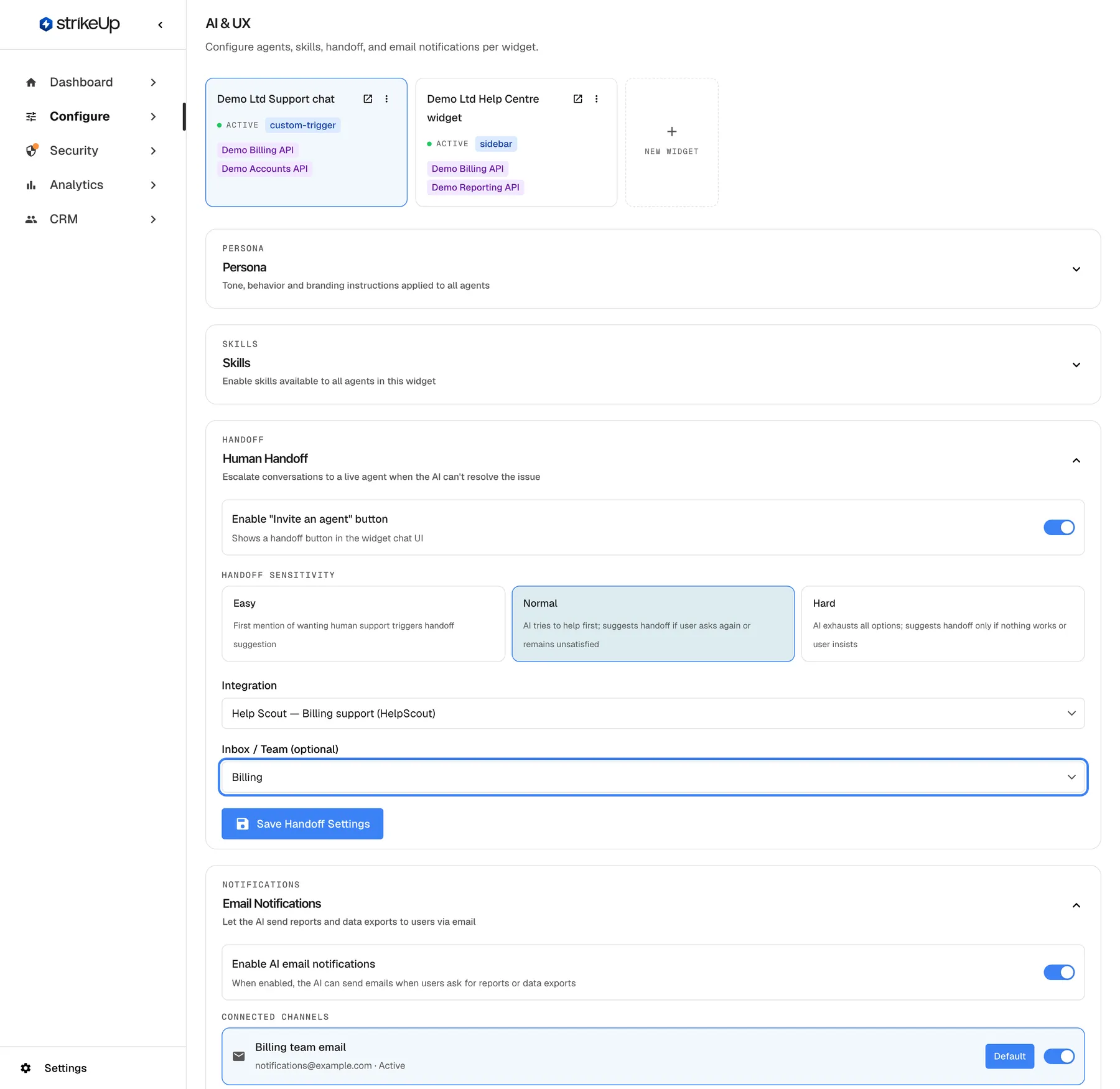 The Human Handoff section on the AI & UX page with the highlighted drop-down "Inbox / Team (optional)" set to "Billing", under the Integration "Help Scout — Billing support (HelpScout)". It lists the Help Scout mailboxes or Intercom teams of the chosen helpdesk and "— None (default / unassigned) —". For Help Scout, choose a mailbox: new handoff conversations are created in it.